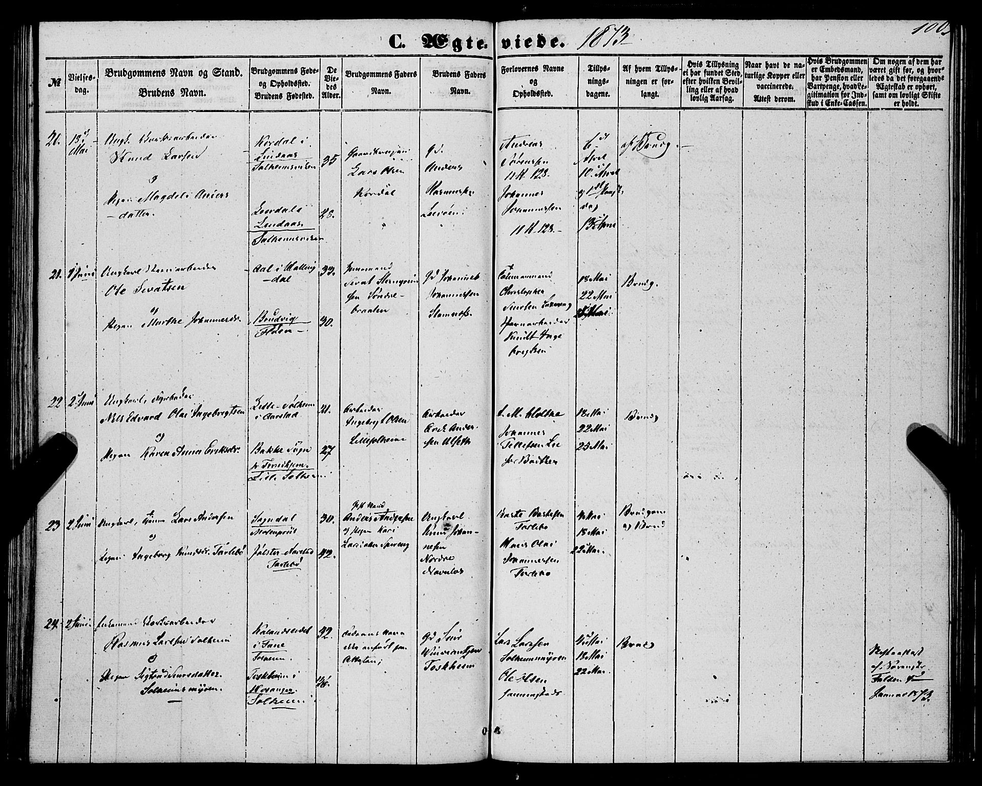 St. Jørgens hospital og Årstad sokneprestembete, AV/SAB-A-99934: Parish register (official) no. A 9, 1853-1878, p. 100