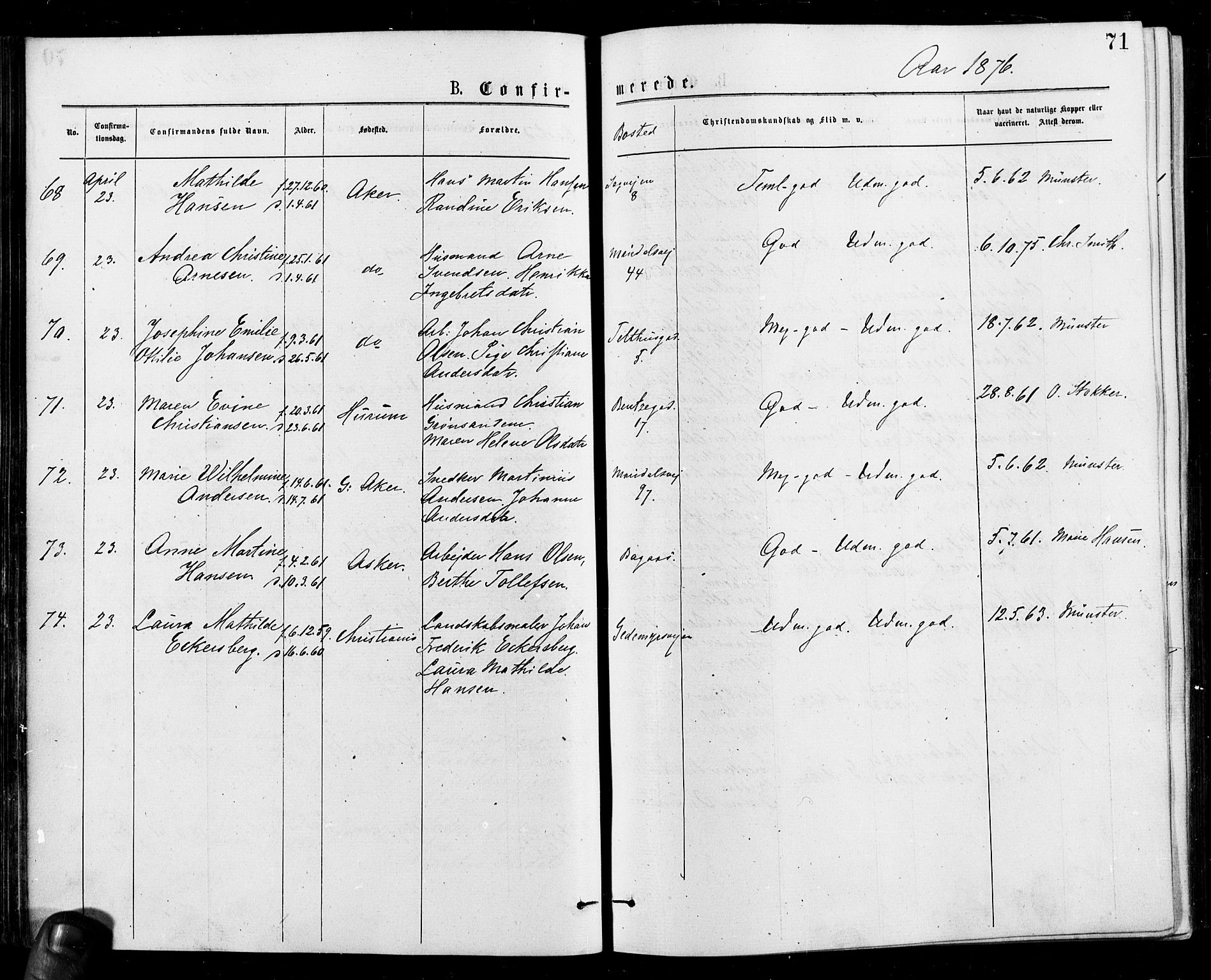 Gamle Aker prestekontor Kirkebøker, SAO/A-10617a/F/L0005: Parish register (official) no. 5, 1873-1881, p. 71