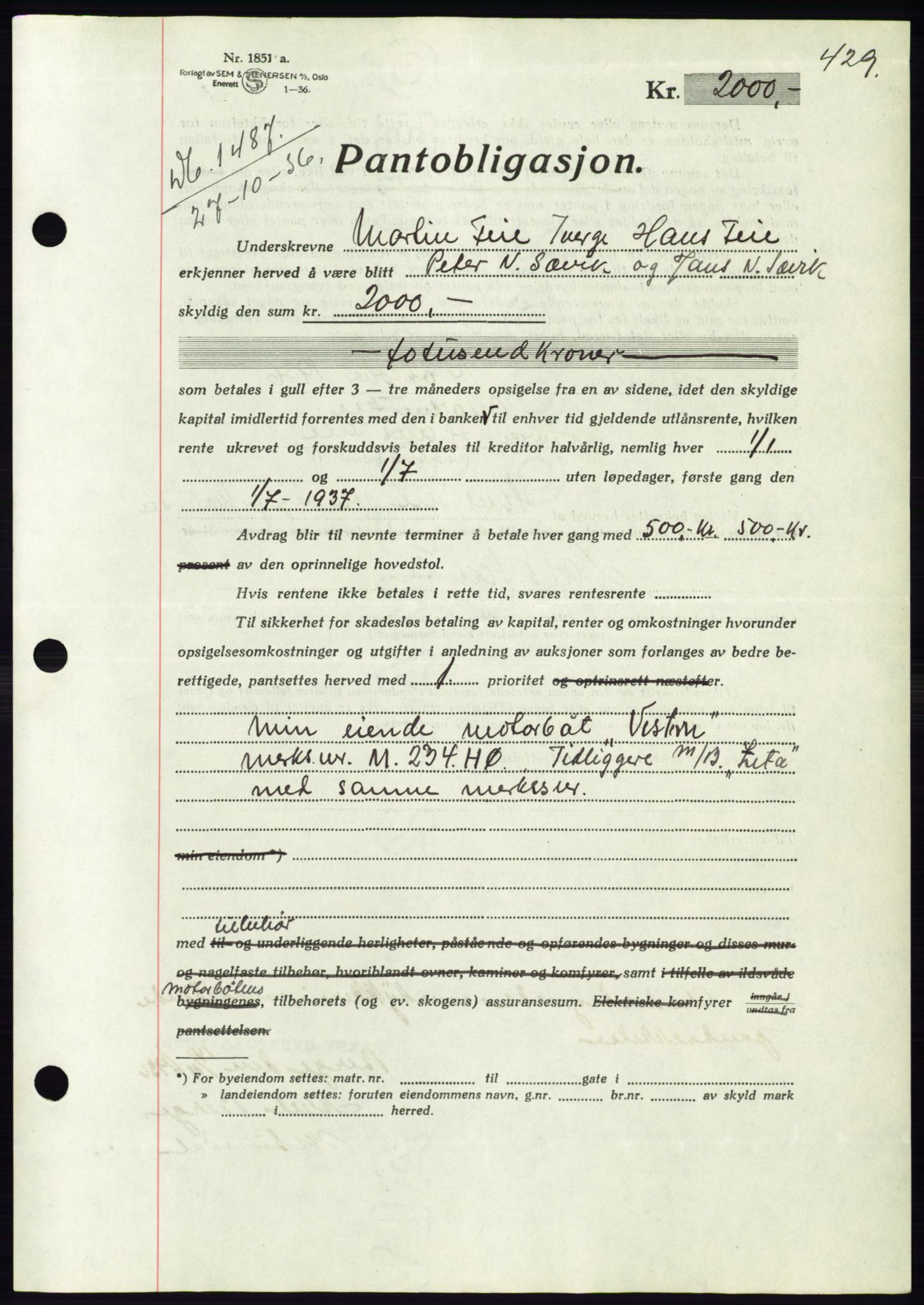 Søre Sunnmøre sorenskriveri, AV/SAT-A-4122/1/2/2C/L0061: Mortgage book no. 55, 1936-1936, Diary no: : 1487/1936