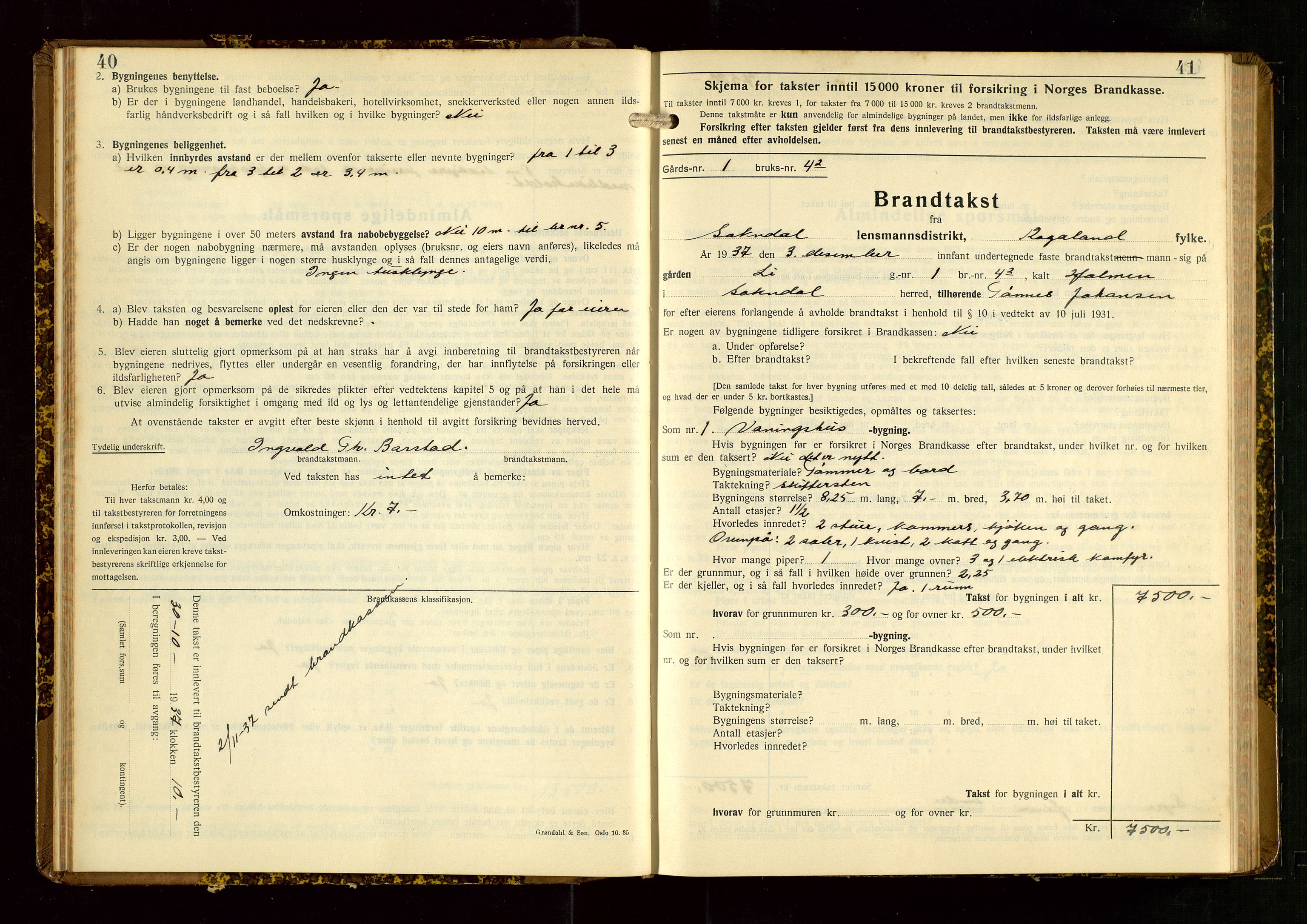 Sokndal lensmannskontor, AV/SAST-A-100417/Gob/L0008: "Brandtakst-Protokoll", 1937-1955, p. 40-41