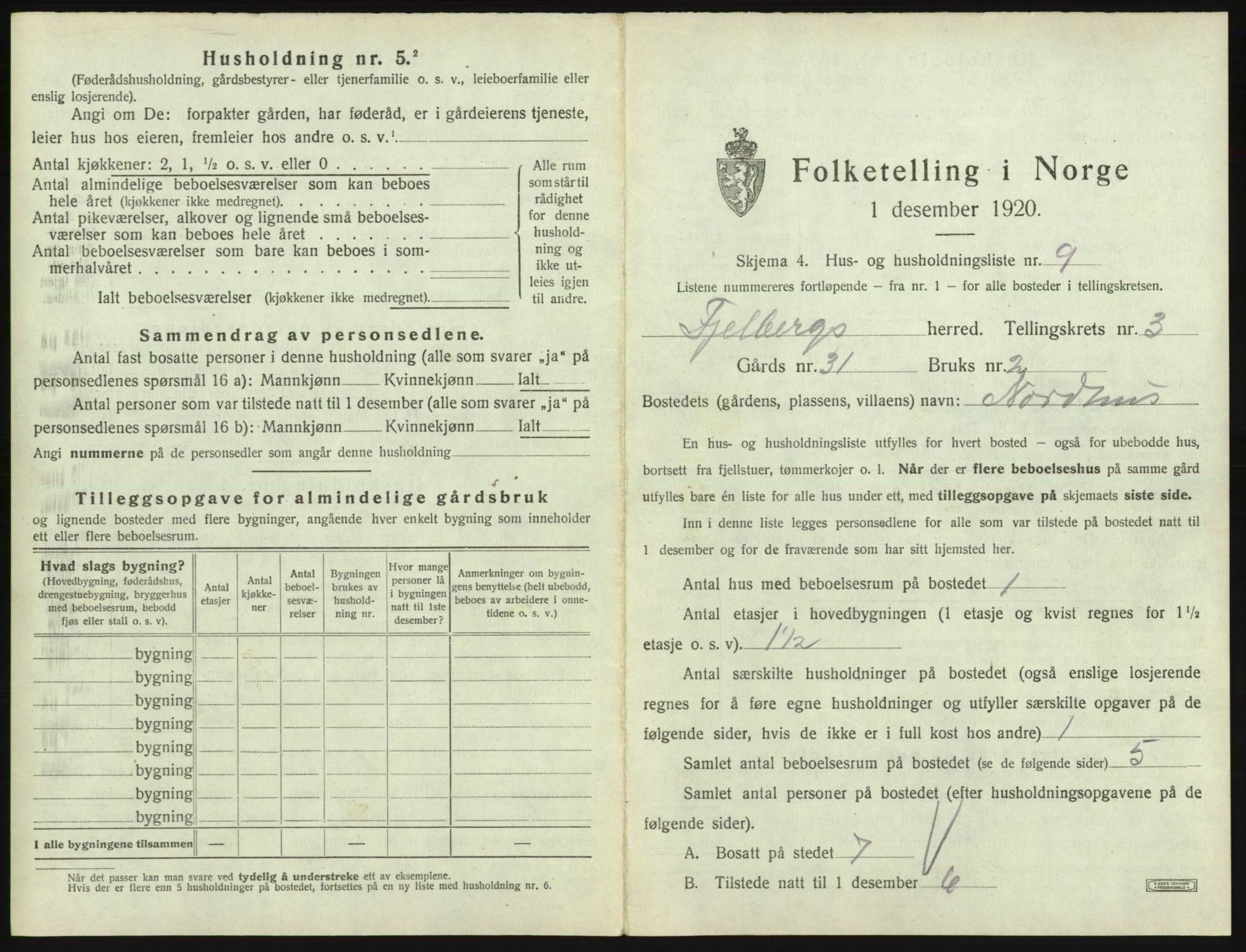 SAB, 1920 census for Fjelberg, 1920, p. 141