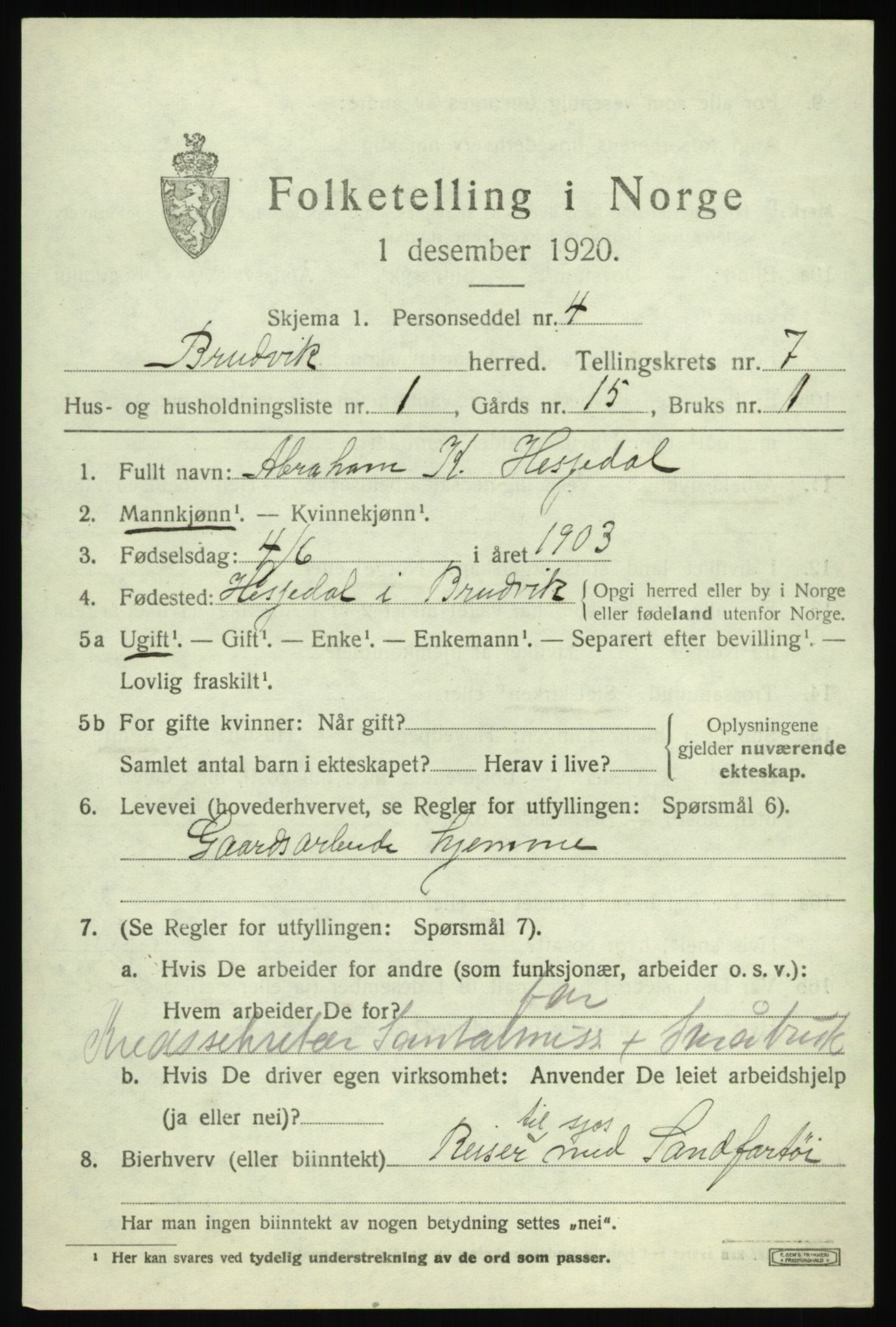 SAB, 1920 census for Bruvik, 1920, p. 4896