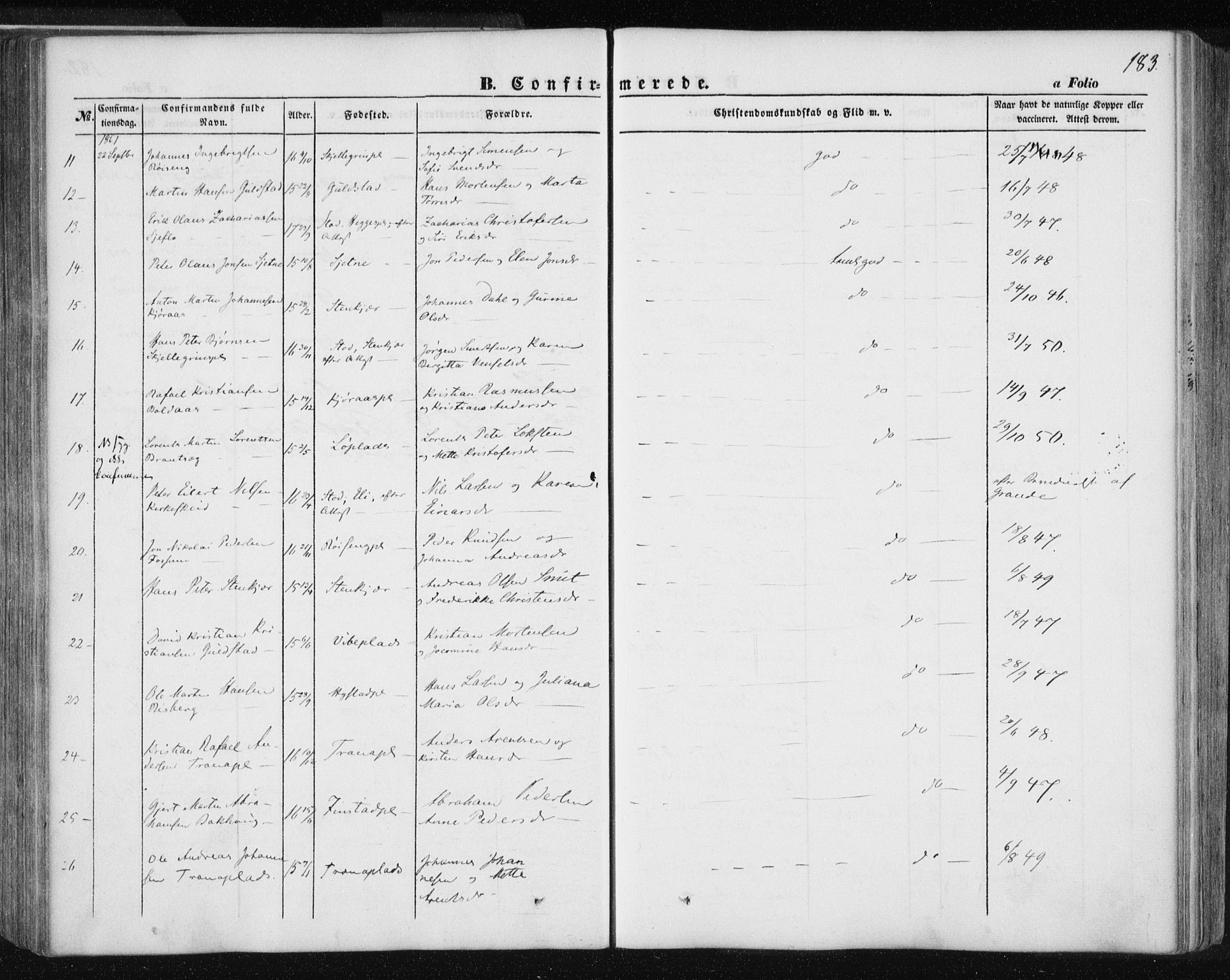 Ministerialprotokoller, klokkerbøker og fødselsregistre - Nord-Trøndelag, SAT/A-1458/735/L0342: Parish register (official) no. 735A07 /1, 1849-1862, p. 183