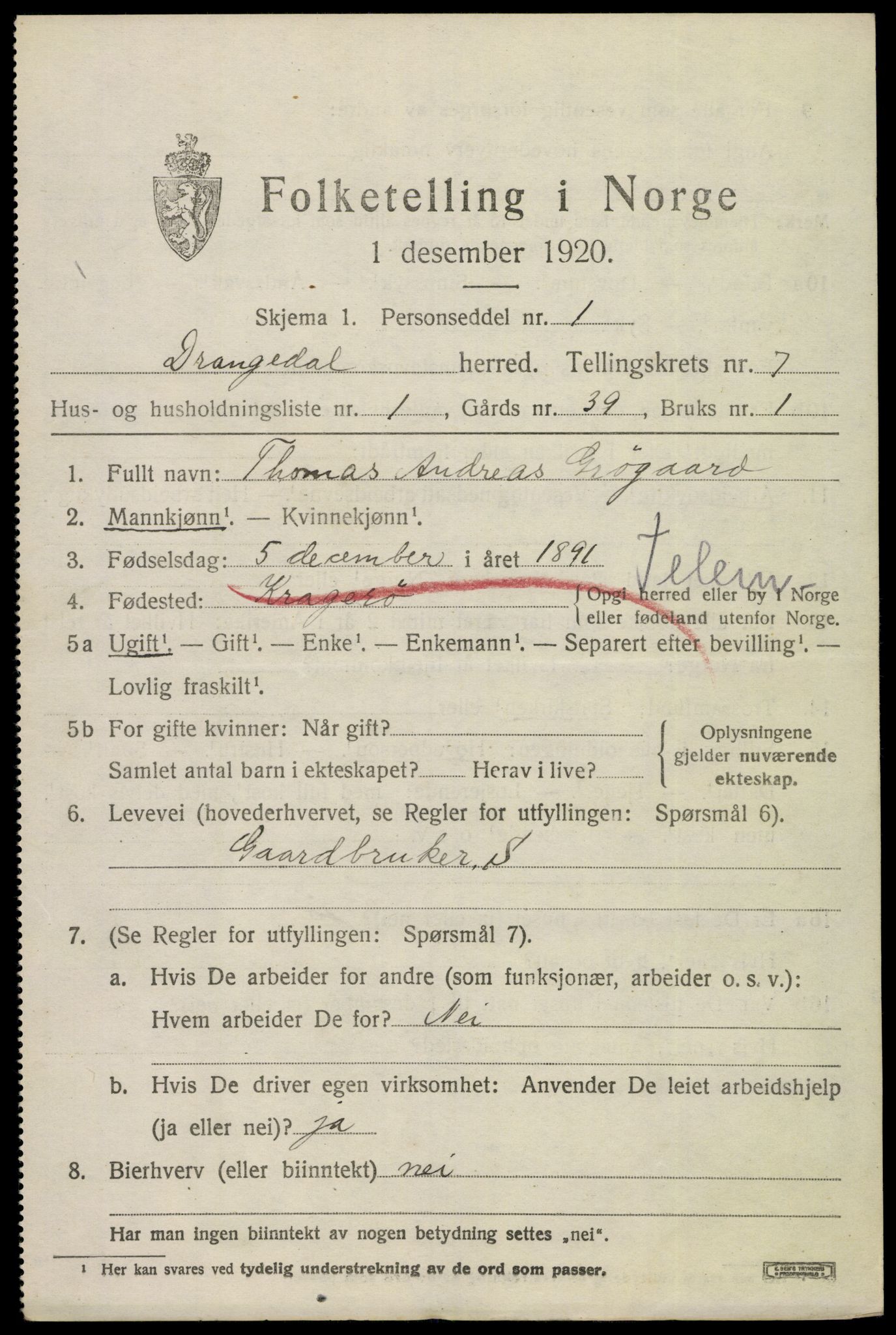 SAKO, 1920 census for Drangedal, 1920, p. 4471