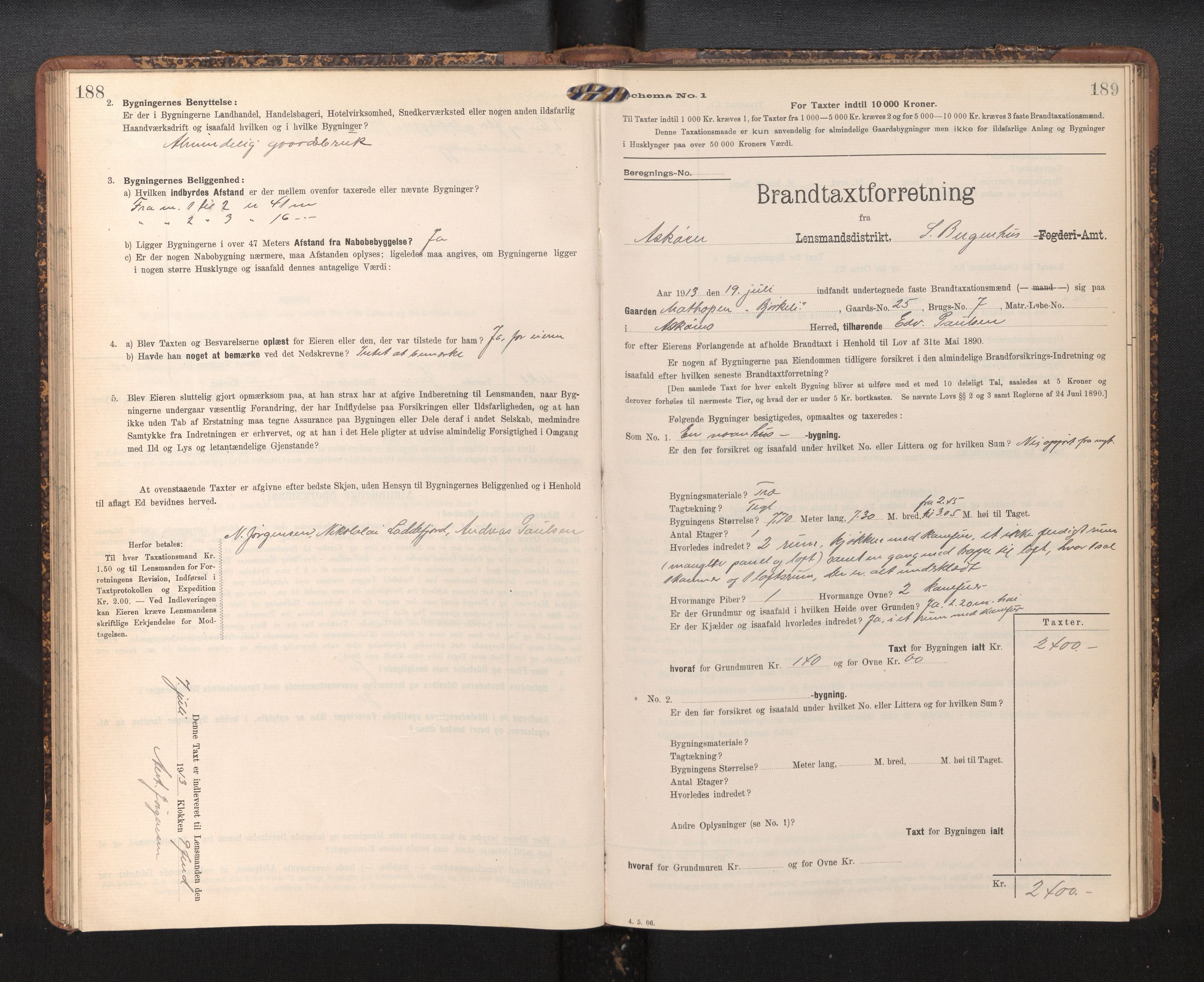 Lensmannen i Askøy, AV/SAB-A-31001/0012/L0005: Branntakstprotokoll, skjematakst, 1907-1915, p. 188-189