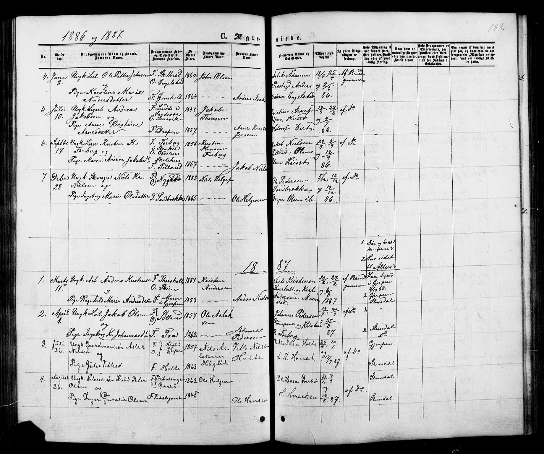 Siljan kirkebøker, SAKO/A-300/G/Ga/L0002: Parish register (copy) no. 2, 1864-1908, p. 188