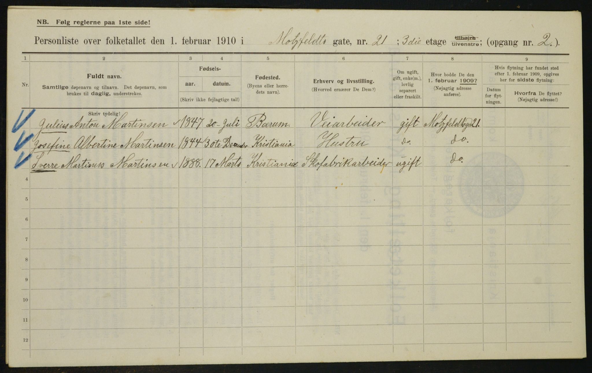 OBA, Municipal Census 1910 for Kristiania, 1910, p. 64153