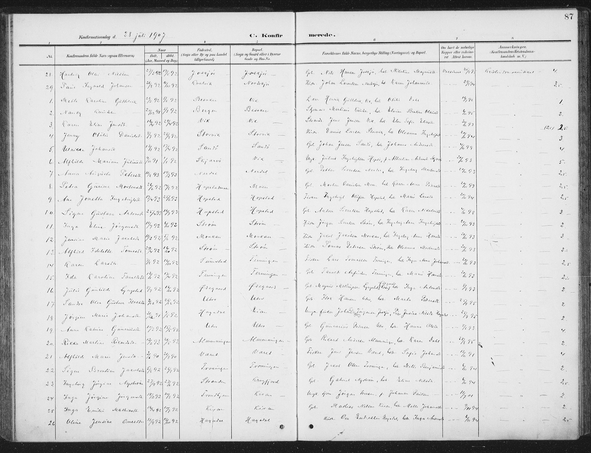 Ministerialprotokoller, klokkerbøker og fødselsregistre - Sør-Trøndelag, SAT/A-1456/657/L0709: Parish register (official) no. 657A10, 1905-1919, p. 87