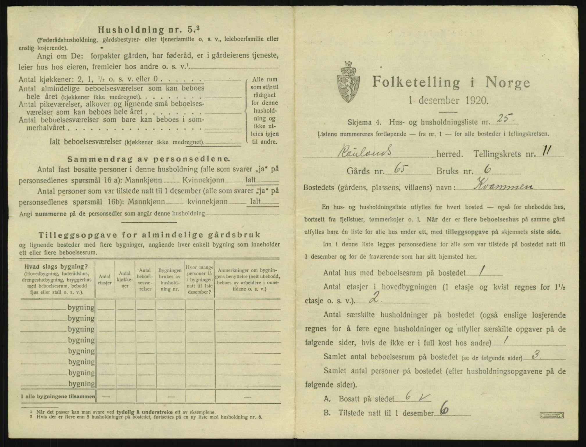 SAKO, 1920 census for Rauland, 1920, p. 464