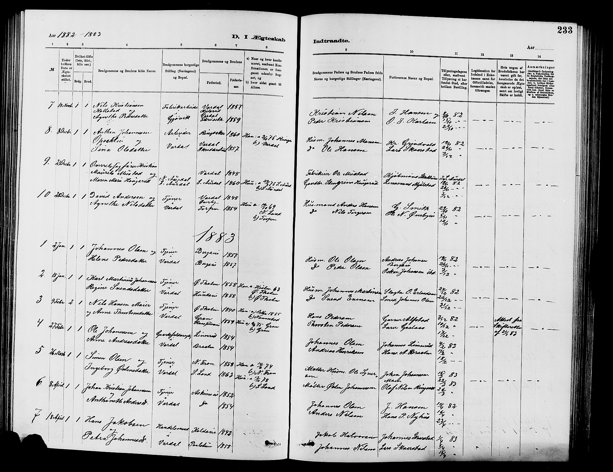 Vardal prestekontor, SAH/PREST-100/H/Ha/Hab/L0007: Parish register (copy) no. 7 /1, 1881-1895, p. 233