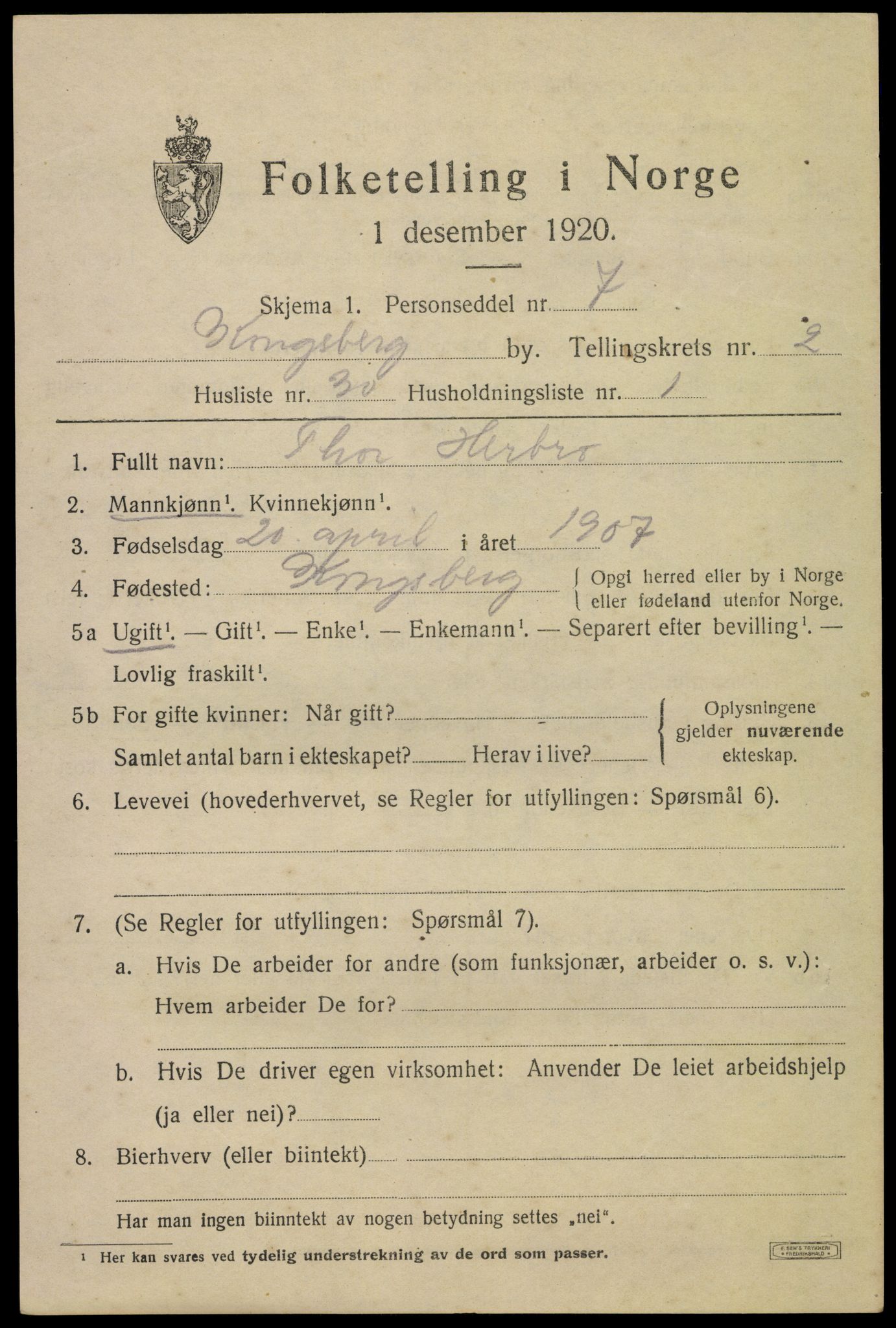 SAKO, 1920 census for Kongsberg, 1920, p. 7234