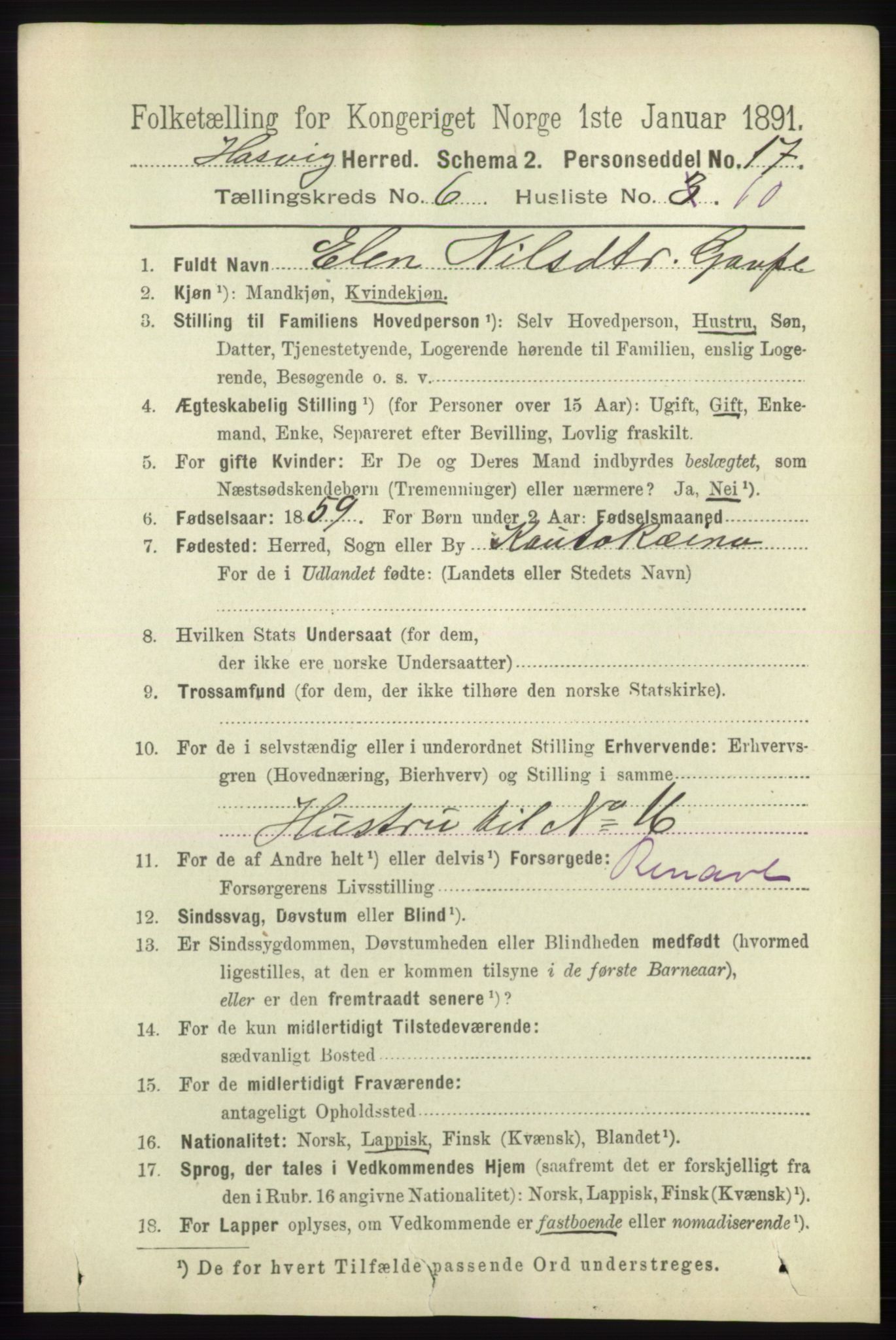 RA, 1891 census for 2015 Hasvik, 1891, p. 957