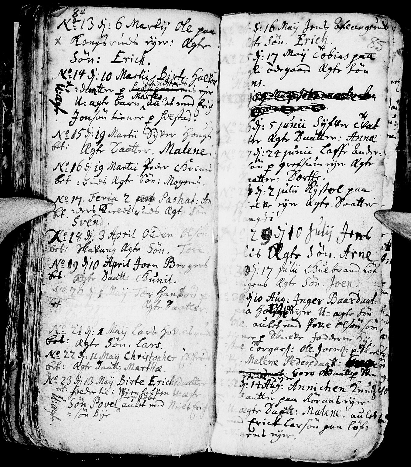 Nes prestekontor, Hedmark, AV/SAH-PREST-020/L/La/L0001: Parish register (copy) no. 1, 1663-1784, p. 84-85