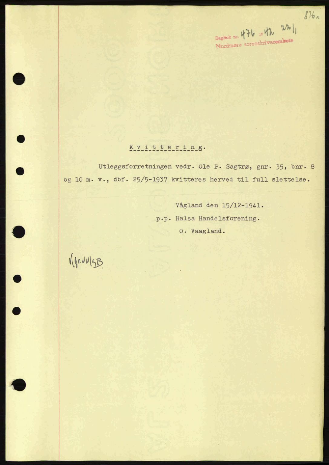 Nordmøre sorenskriveri, AV/SAT-A-4132/1/2/2Ca: Mortgage book no. B88, 1941-1942, Diary no: : 476/1942