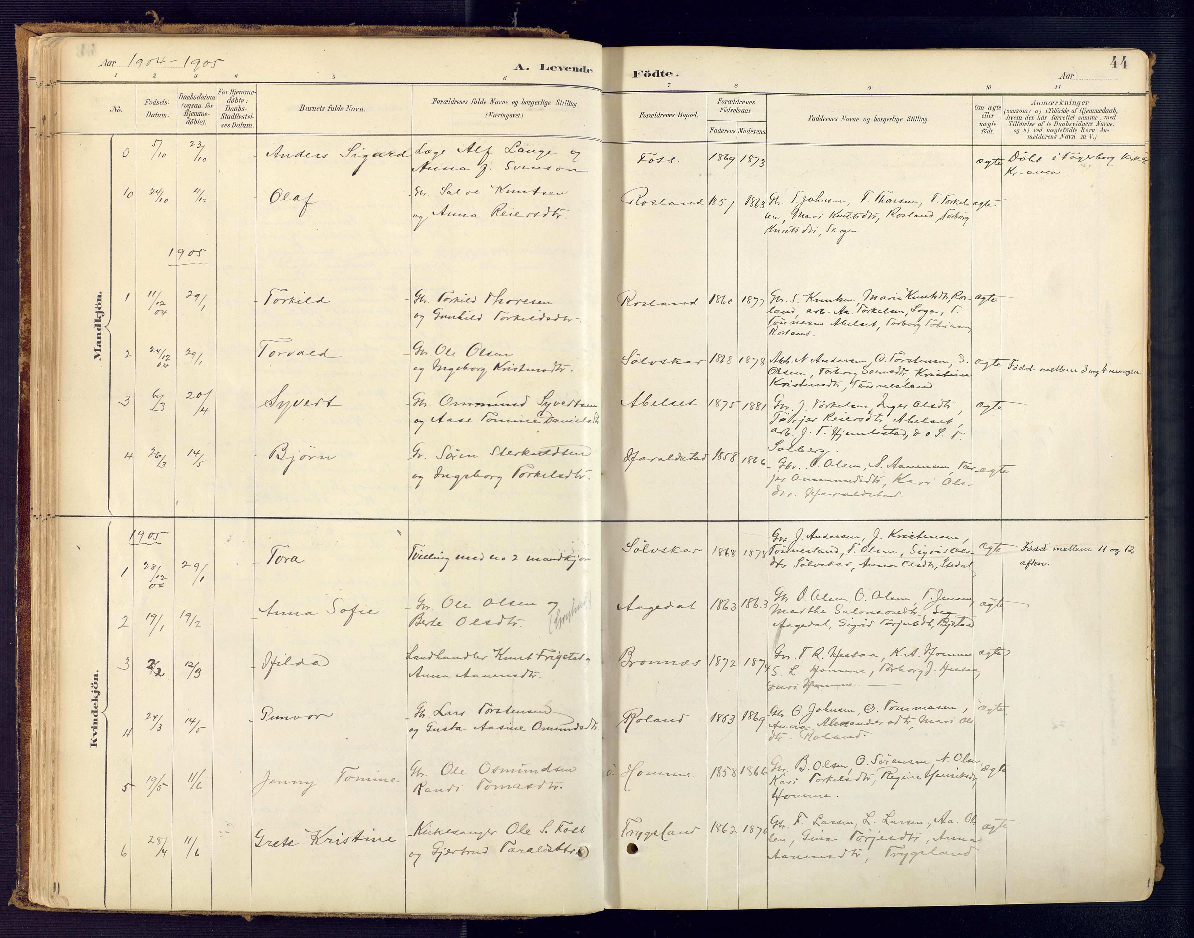 Bjelland sokneprestkontor, SAK/1111-0005/F/Fa/Faa/L0004: Parish register (official) no. A 4, 1887-1923, p. 44