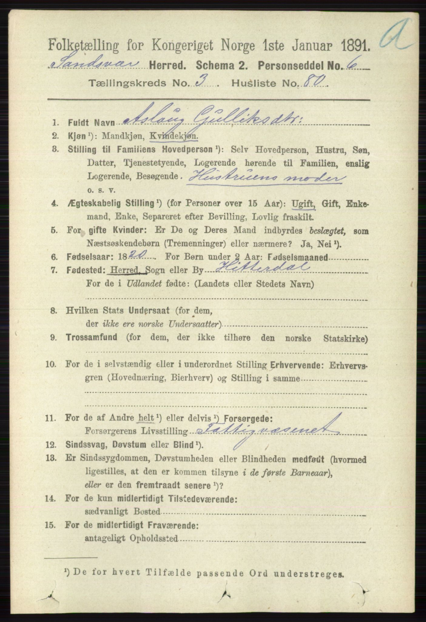 RA, 1891 census for 0629 Sandsvær, 1891, p. 1724