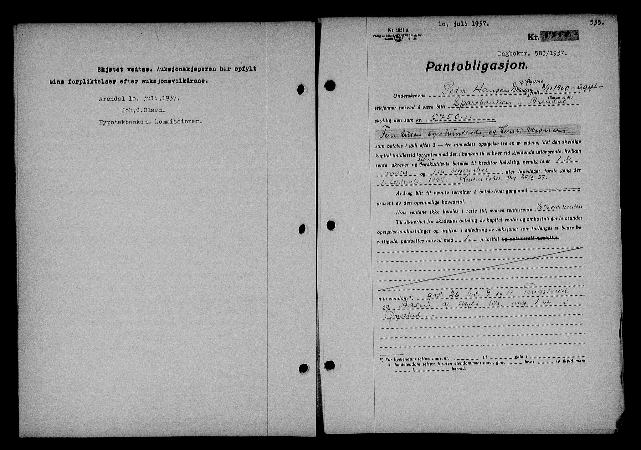 Nedenes sorenskriveri, SAK/1221-0006/G/Gb/Gba/L0043: Mortgage book no. 39, 1936-1937, Diary no: : 583/1937