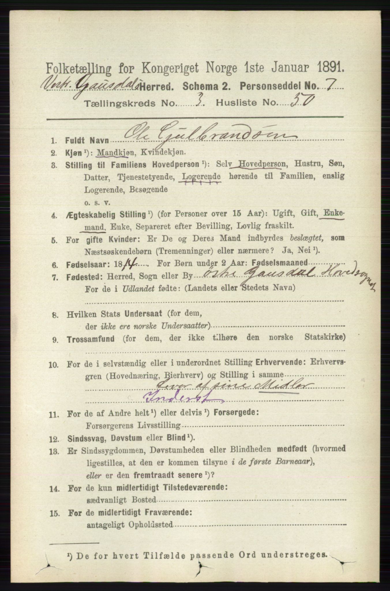 RA, 1891 census for 0523 Vestre Gausdal, 1891, p. 1582