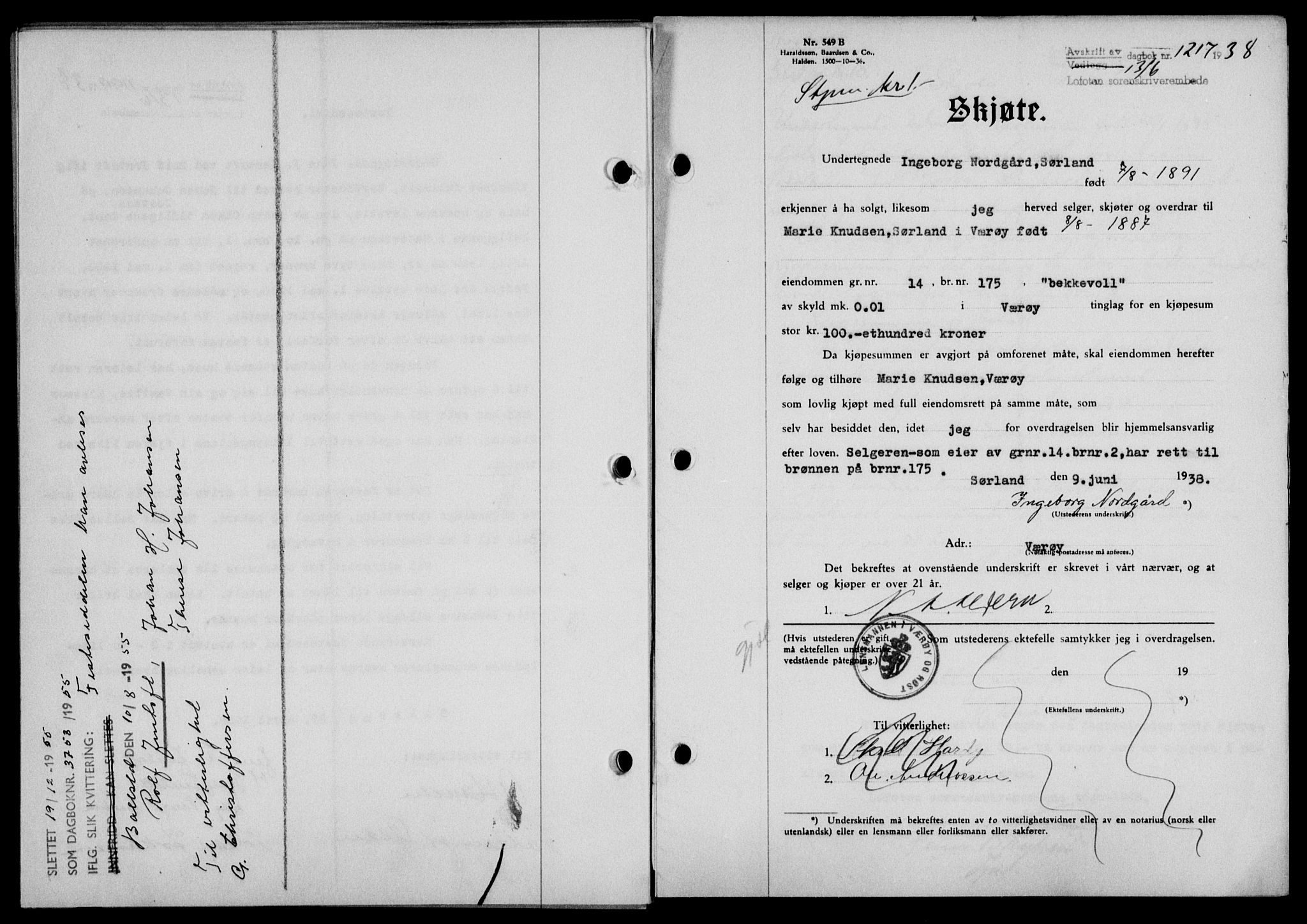 Lofoten sorenskriveri, SAT/A-0017/1/2/2C/L0004a: Mortgage book no. 4a, 1938-1938, Diary no: : 1217/1938
