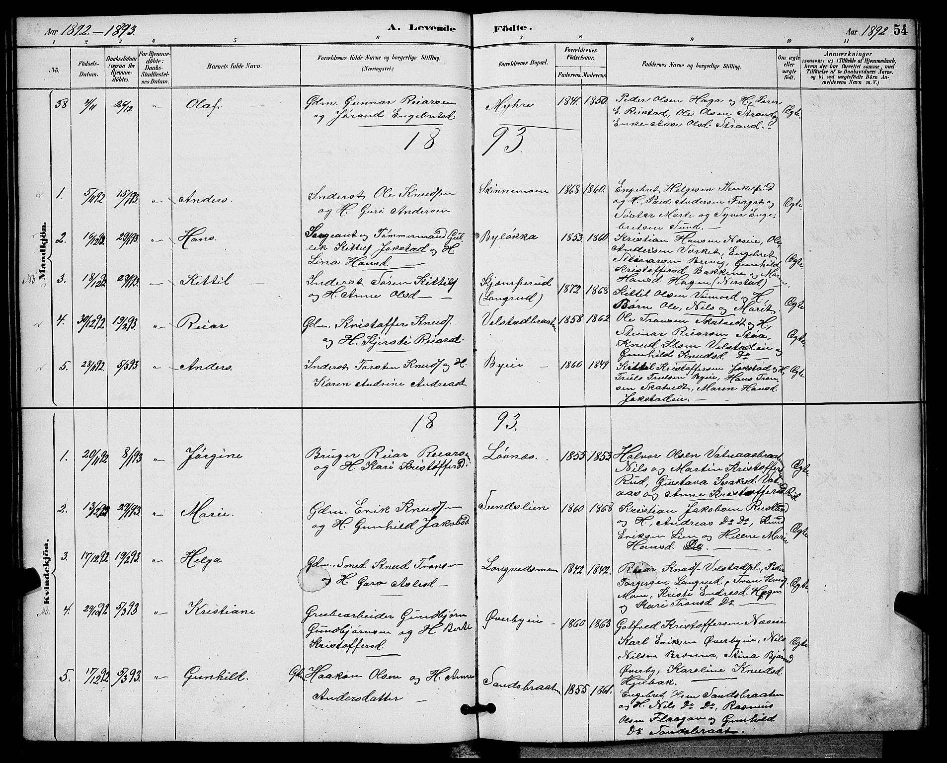 Sigdal kirkebøker, AV/SAKO-A-245/G/Ga/L0005: Parish register (copy) no. I 5, 1886-1900, p. 54