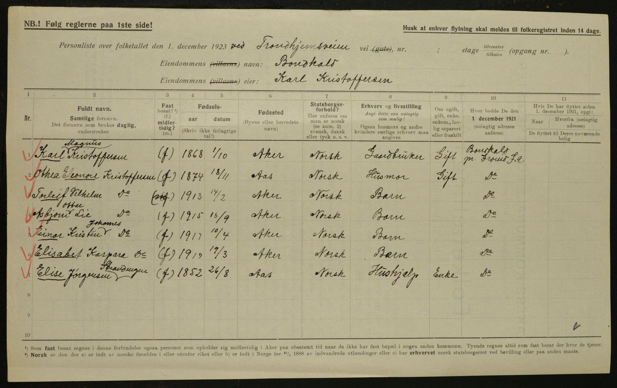 , Municipal Census 1923 for Aker, 1923, p. 33317