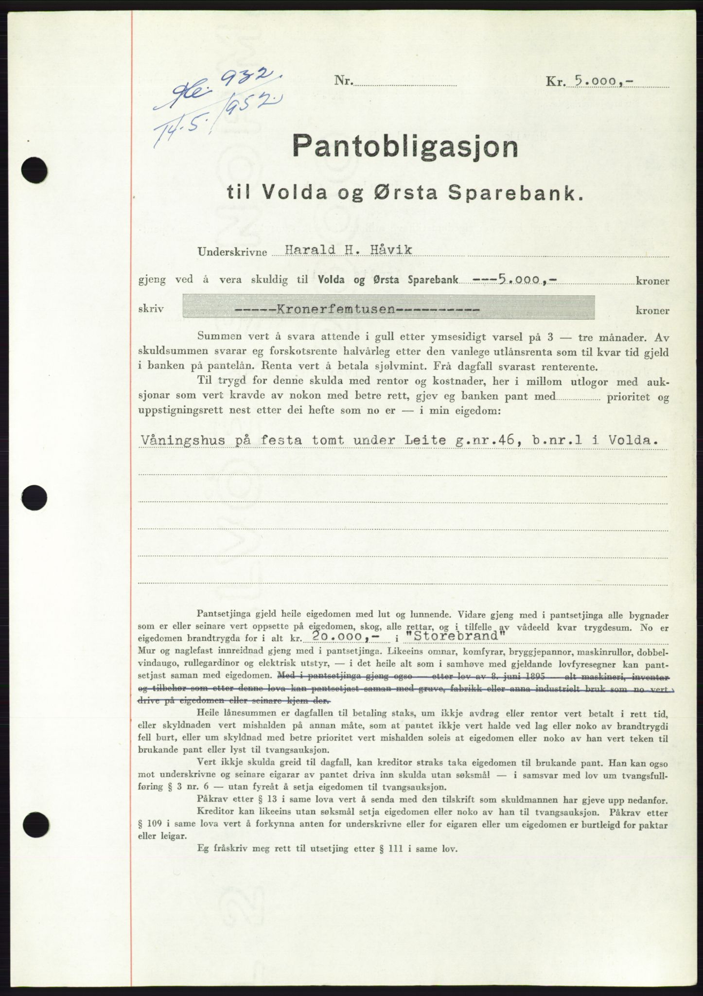 Søre Sunnmøre sorenskriveri, AV/SAT-A-4122/1/2/2C/L0121: Mortgage book no. 9B, 1951-1952, Diary no: : 932/1952