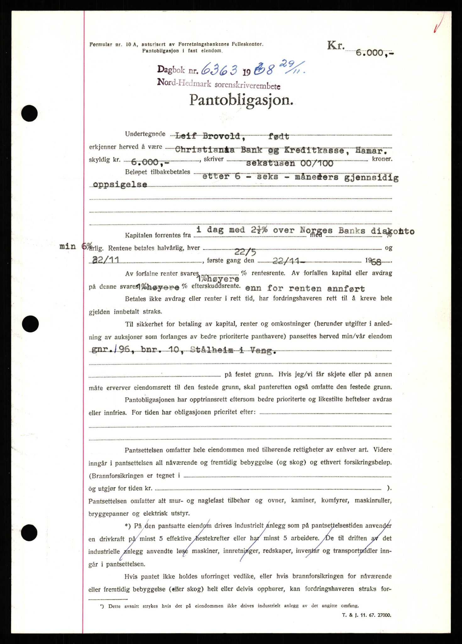 Nord-Hedmark sorenskriveri, SAH/TING-012/H/Hb/Hbf/L0077: Mortgage book no. B77, 1968-1969, Diary no: : 6363/1968