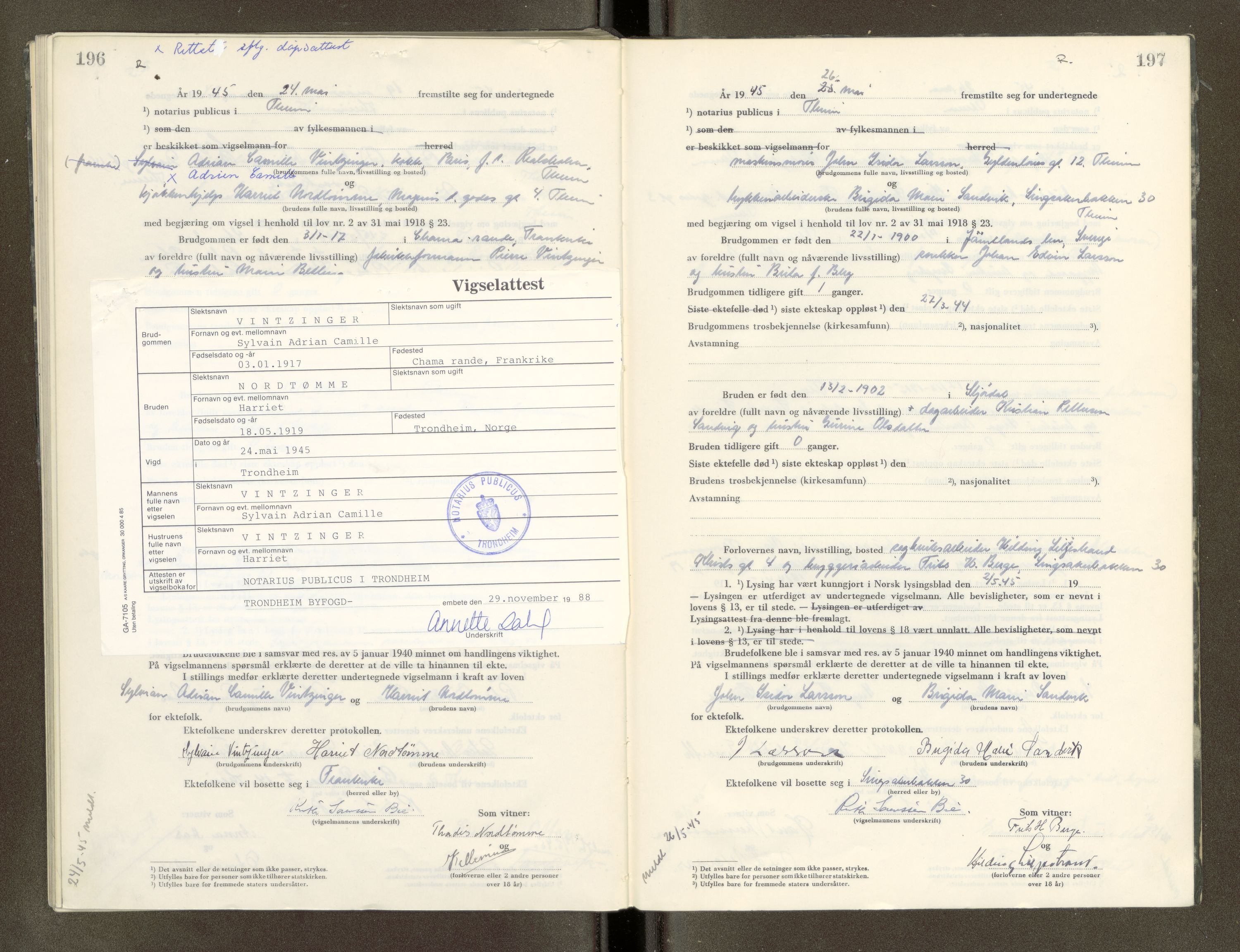 Trondheim byfogd, AV/SAT-A-0003/1/6/6D/L0005: Vigselbøker, 1944-1948, p. 196-197