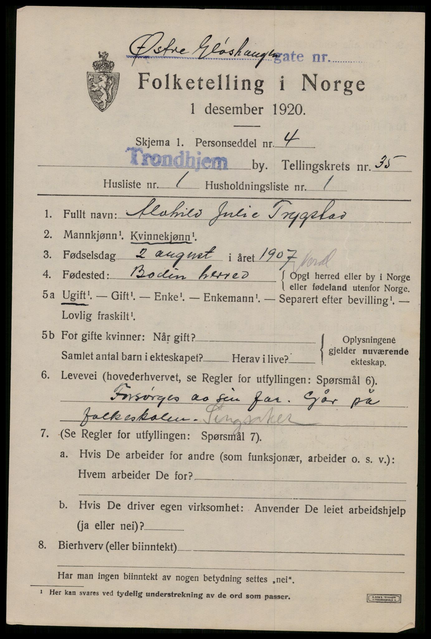 SAT, 1920 census for Trondheim, 1920, p. 81108