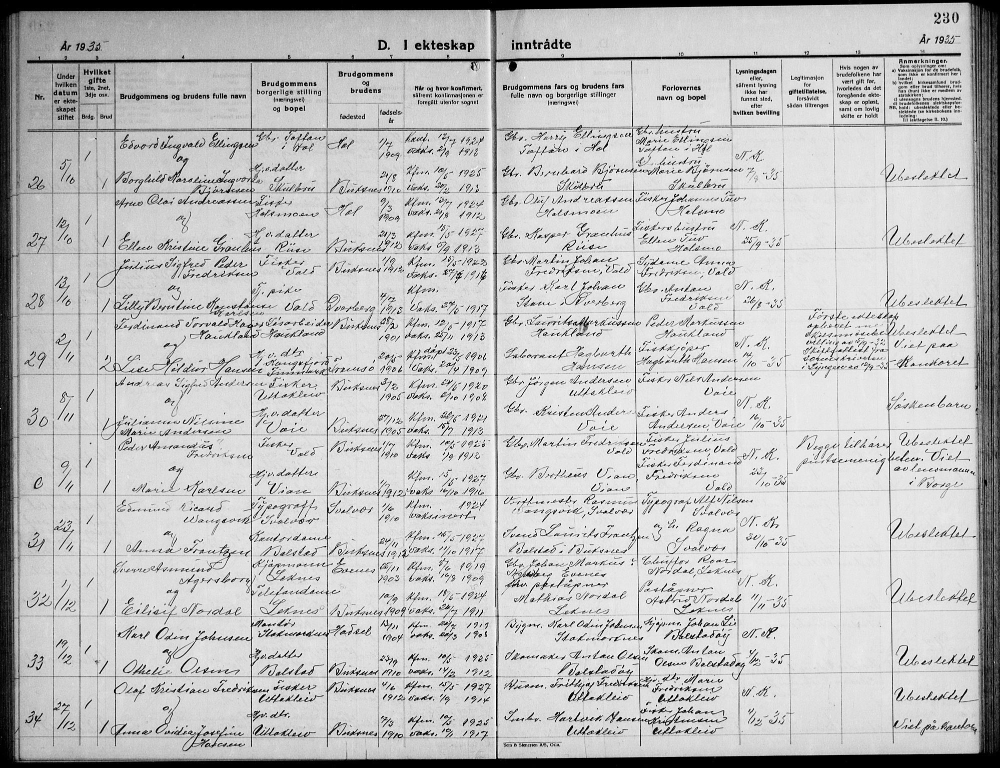 Ministerialprotokoller, klokkerbøker og fødselsregistre - Nordland, AV/SAT-A-1459/881/L1170: Parish register (copy) no. 881C07, 1930-1943, p. 230