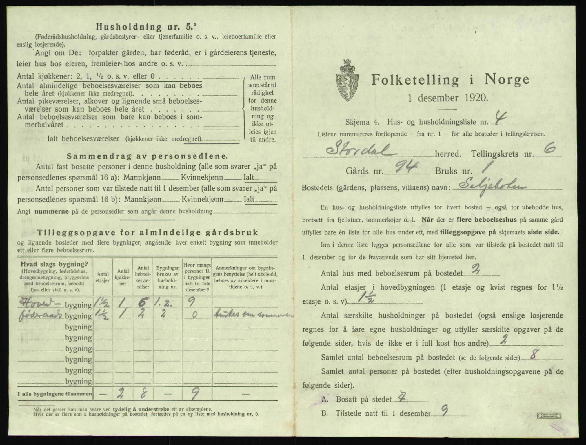 SAT, 1920 census for Stordal, 1920, p. 290