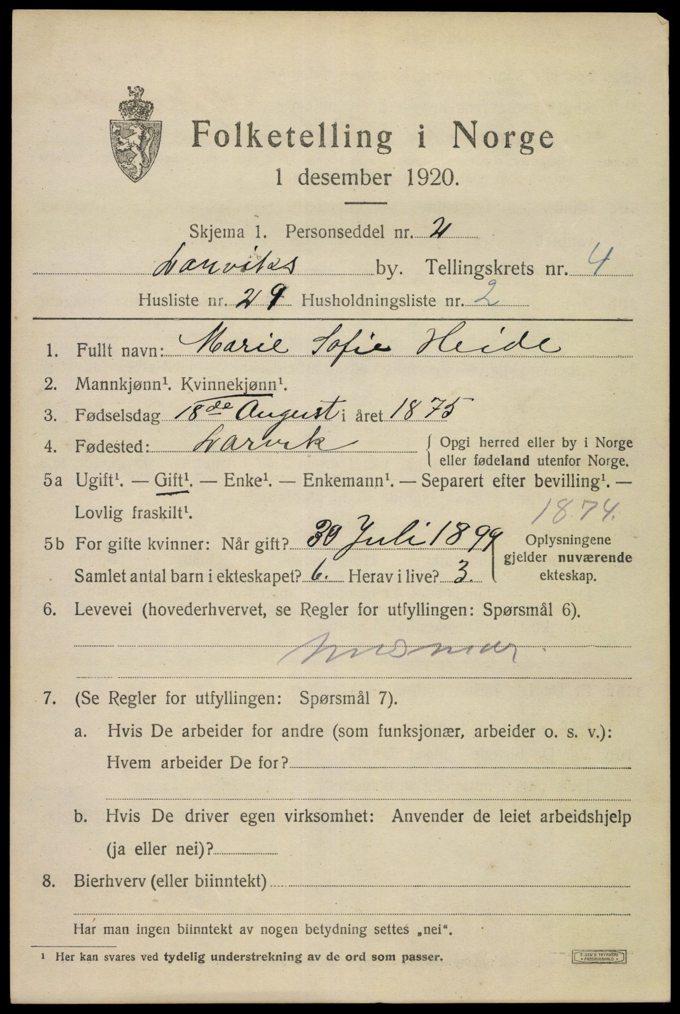 SAKO, 1920 census for Larvik, 1920, p. 13850