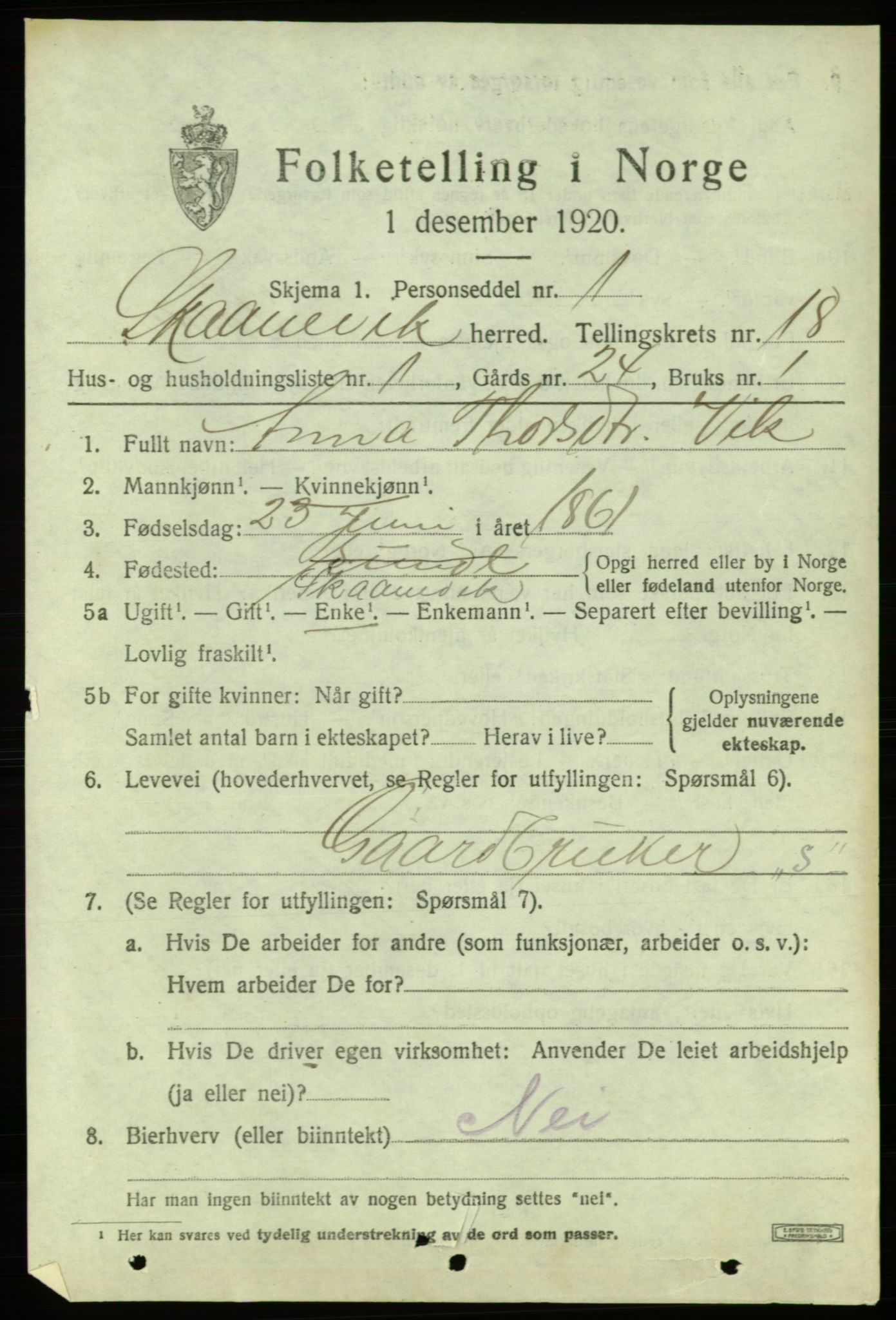 SAB, 1920 census for Skånevik, 1920, p. 6821