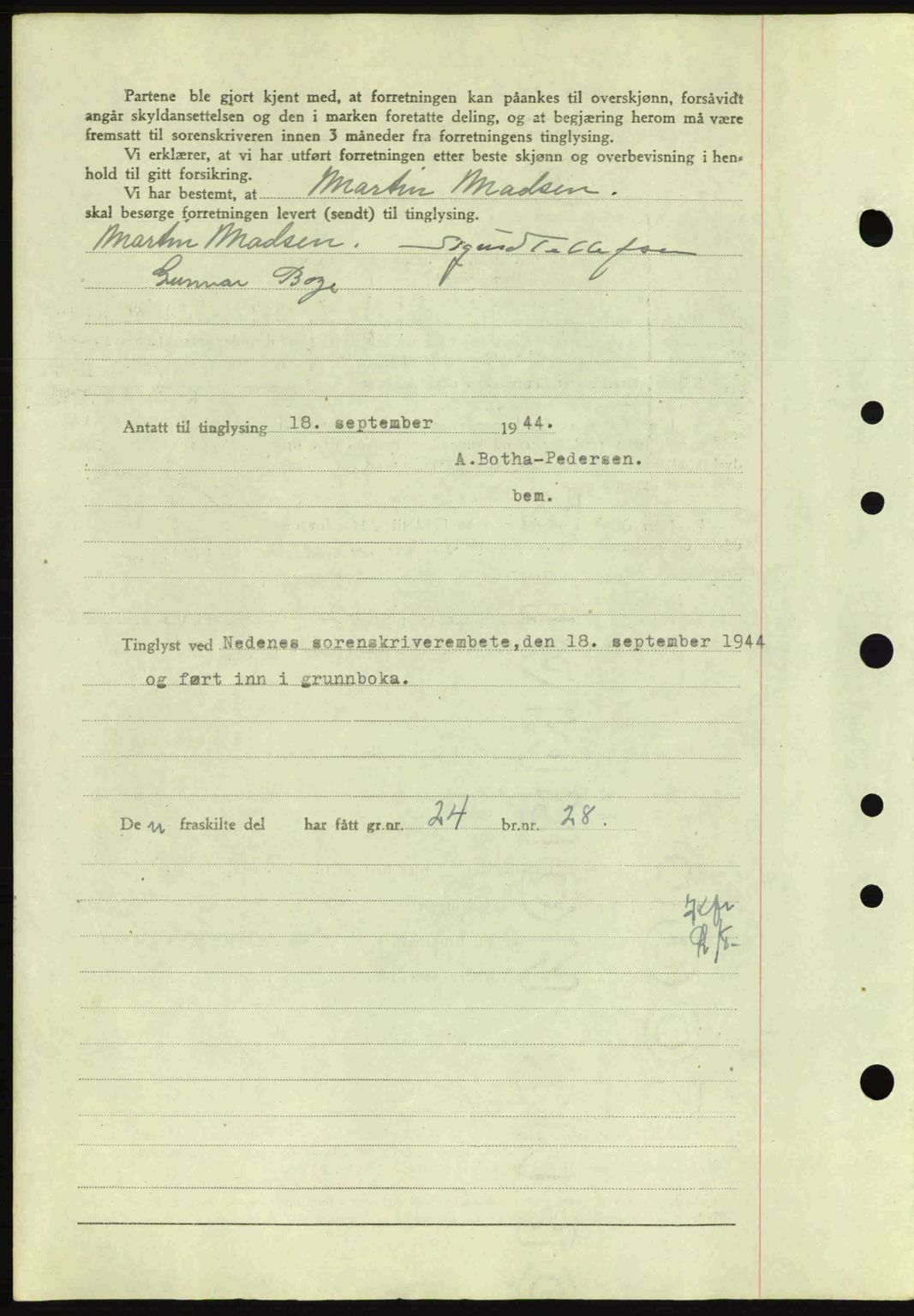 Nedenes sorenskriveri, AV/SAK-1221-0006/G/Gb/Gba/L0052: Mortgage book no. A6a, 1944-1945, Diary no: : 820/1944