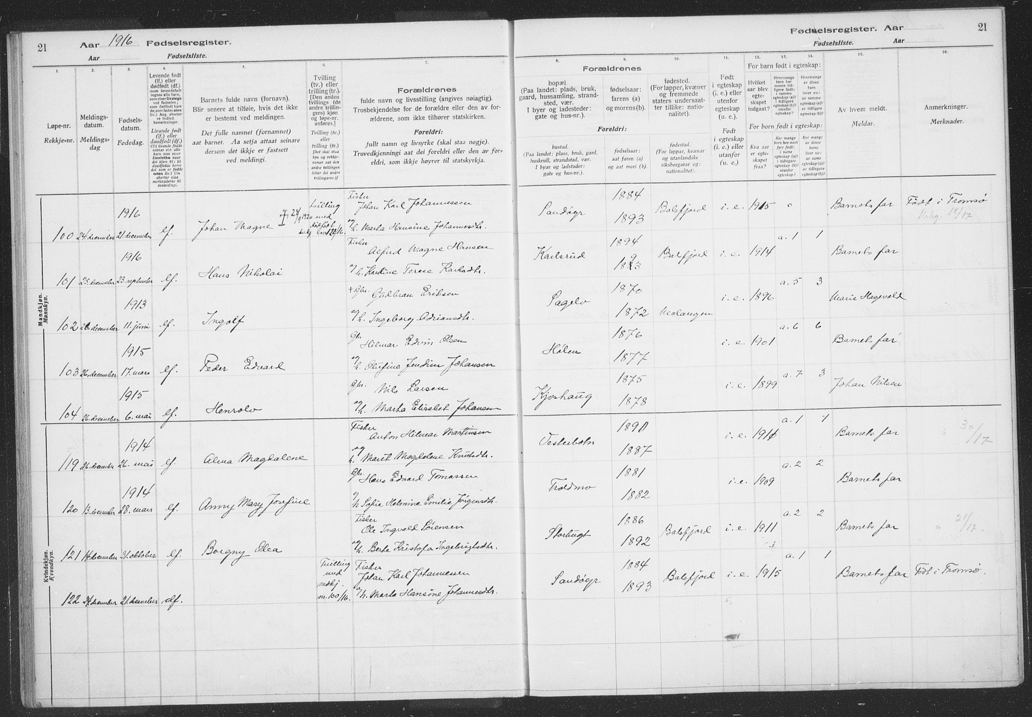 Balsfjord sokneprestembete, AV/SATØ-S-1303/H/Hb/L0059: Birth register no. 59, 1916-1930, p. 21