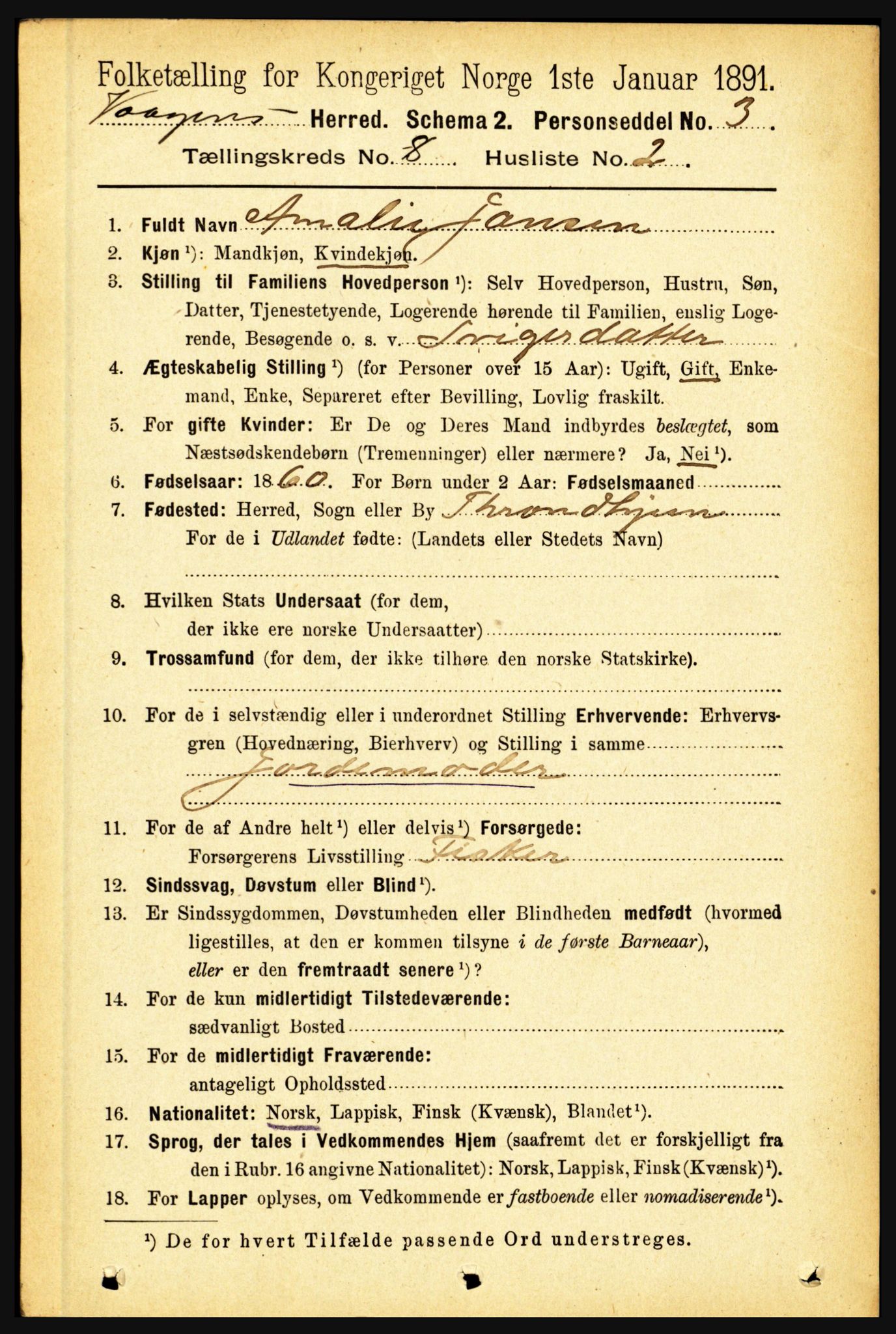 RA, 1891 census for 1865 Vågan, 1891, p. 2103