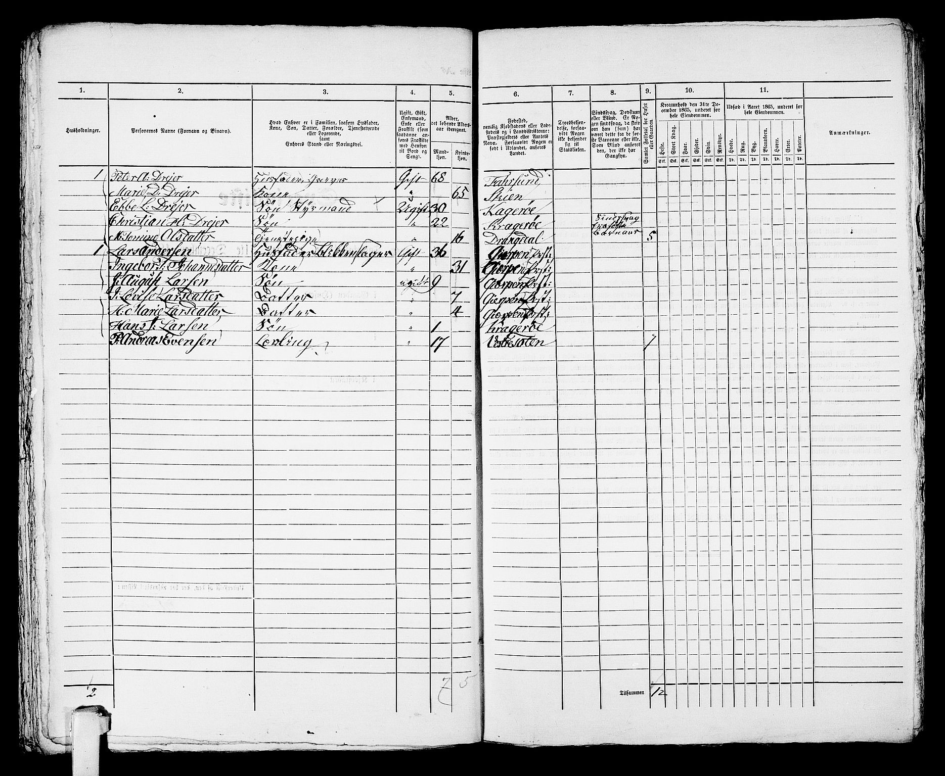 RA, 1865 census for Kragerø/Kragerø, 1865, p. 977