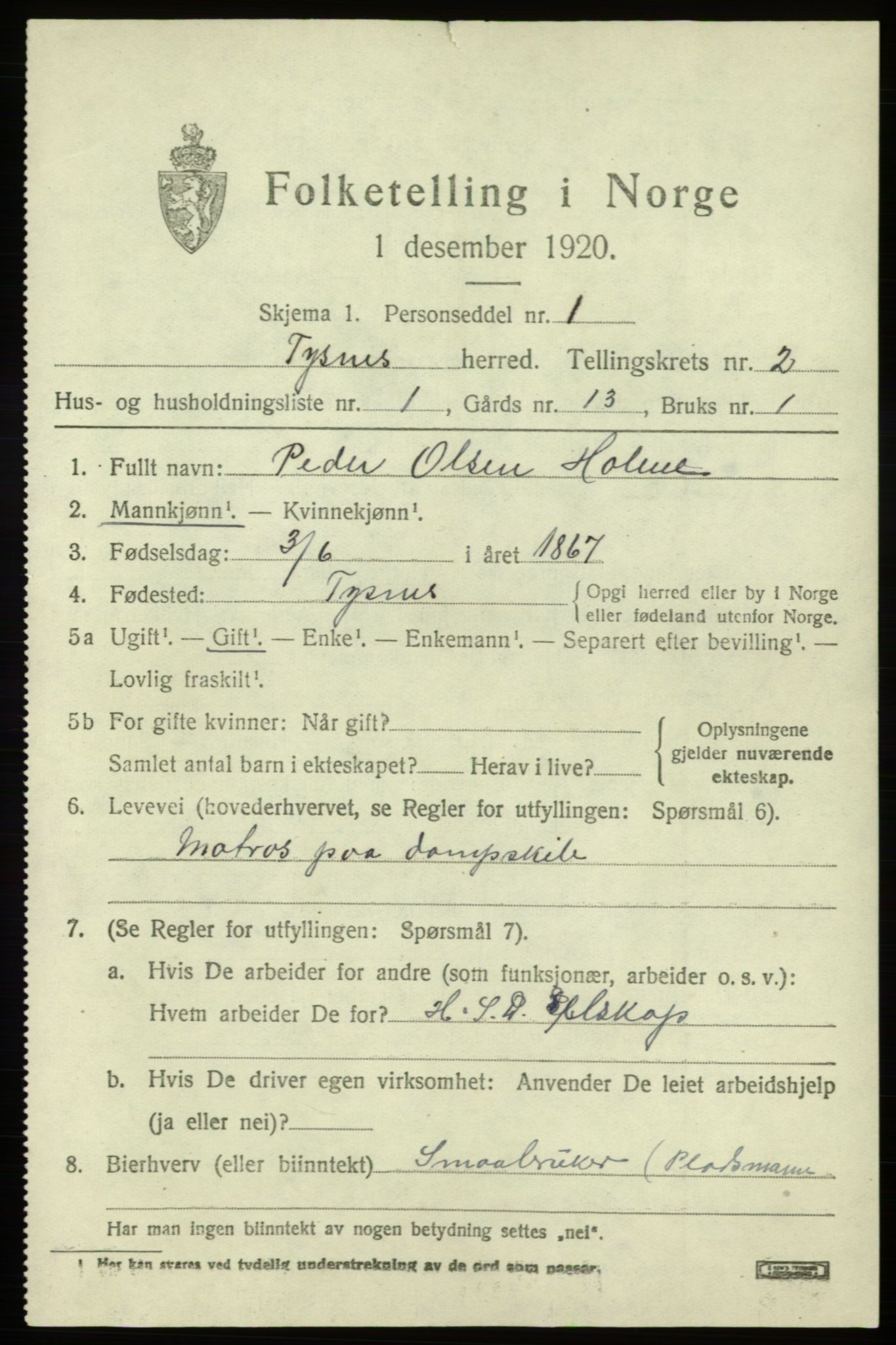 SAB, 1920 census for Tysnes, 1920, p. 2268