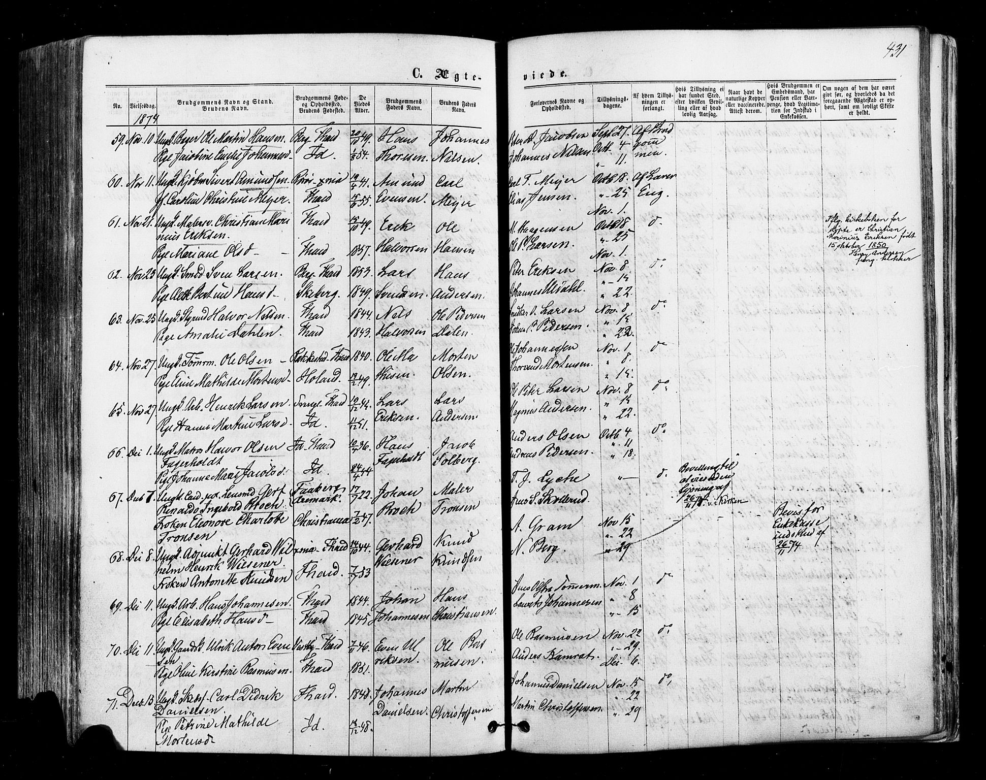 Halden prestekontor Kirkebøker, AV/SAO-A-10909/F/Fa/L0009: Parish register (official) no. I 9, 1866-1877, p. 431