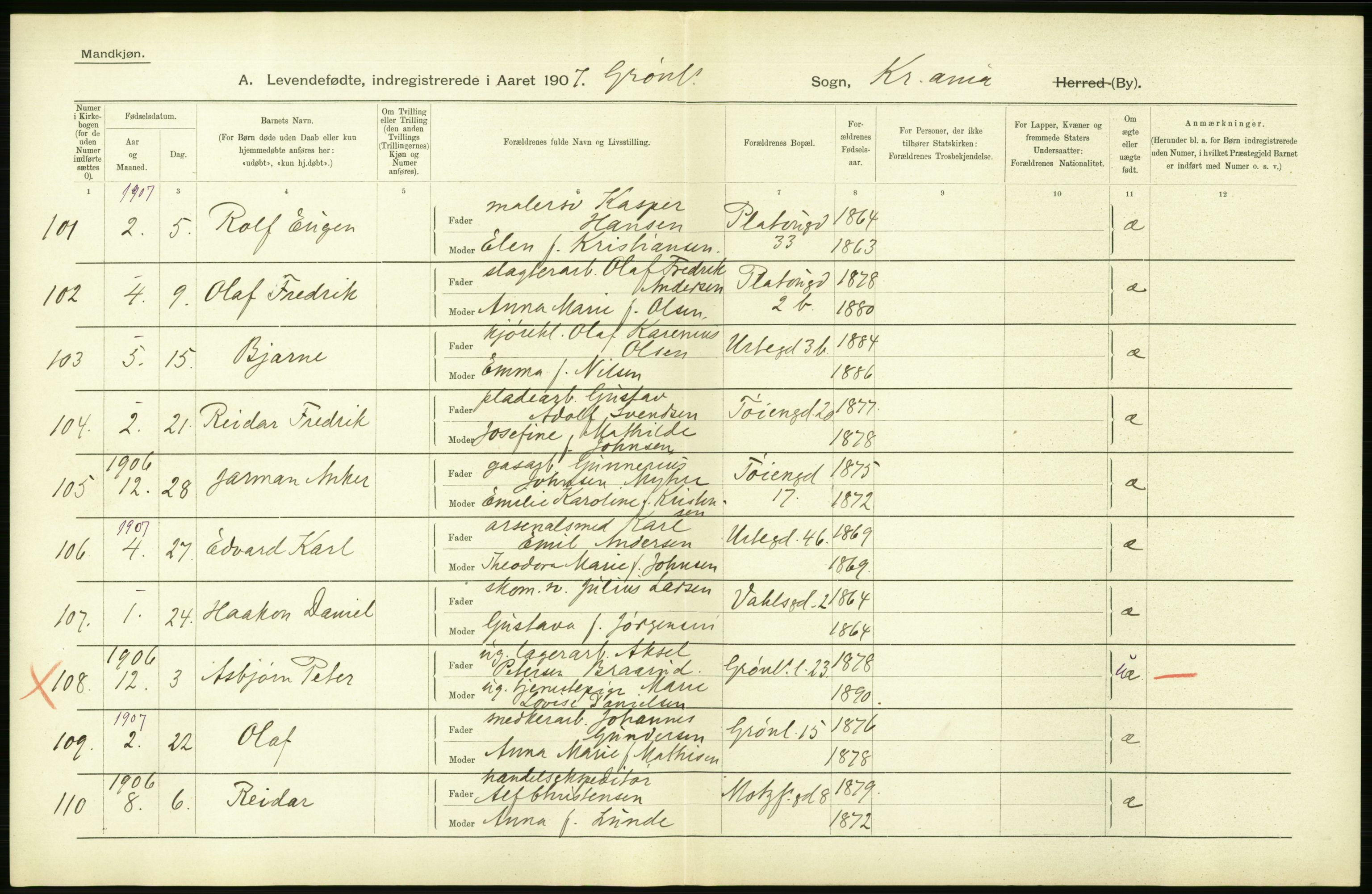 Statistisk sentralbyrå, Sosiodemografiske emner, Befolkning, AV/RA-S-2228/D/Df/Dfa/Dfae/L0007: Kristiania: Levendefødte menn og kvinner., 1907, p. 302