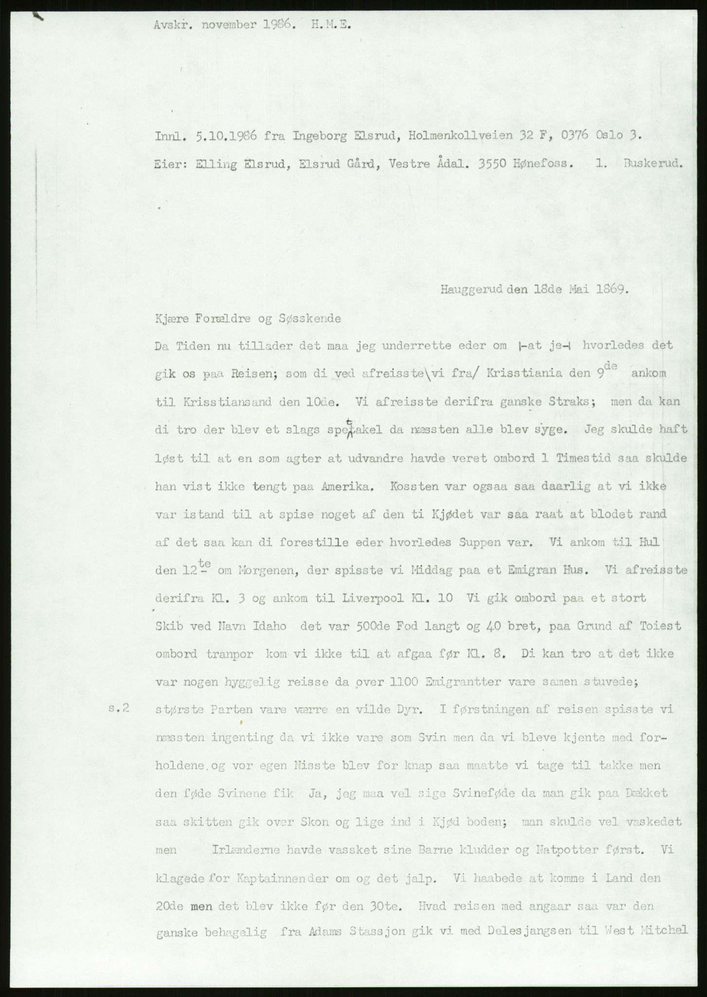 Samlinger til kildeutgivelse, Amerikabrevene, AV/RA-EA-4057/F/L0018: Innlån fra Buskerud: Elsrud, 1838-1914, p. 409