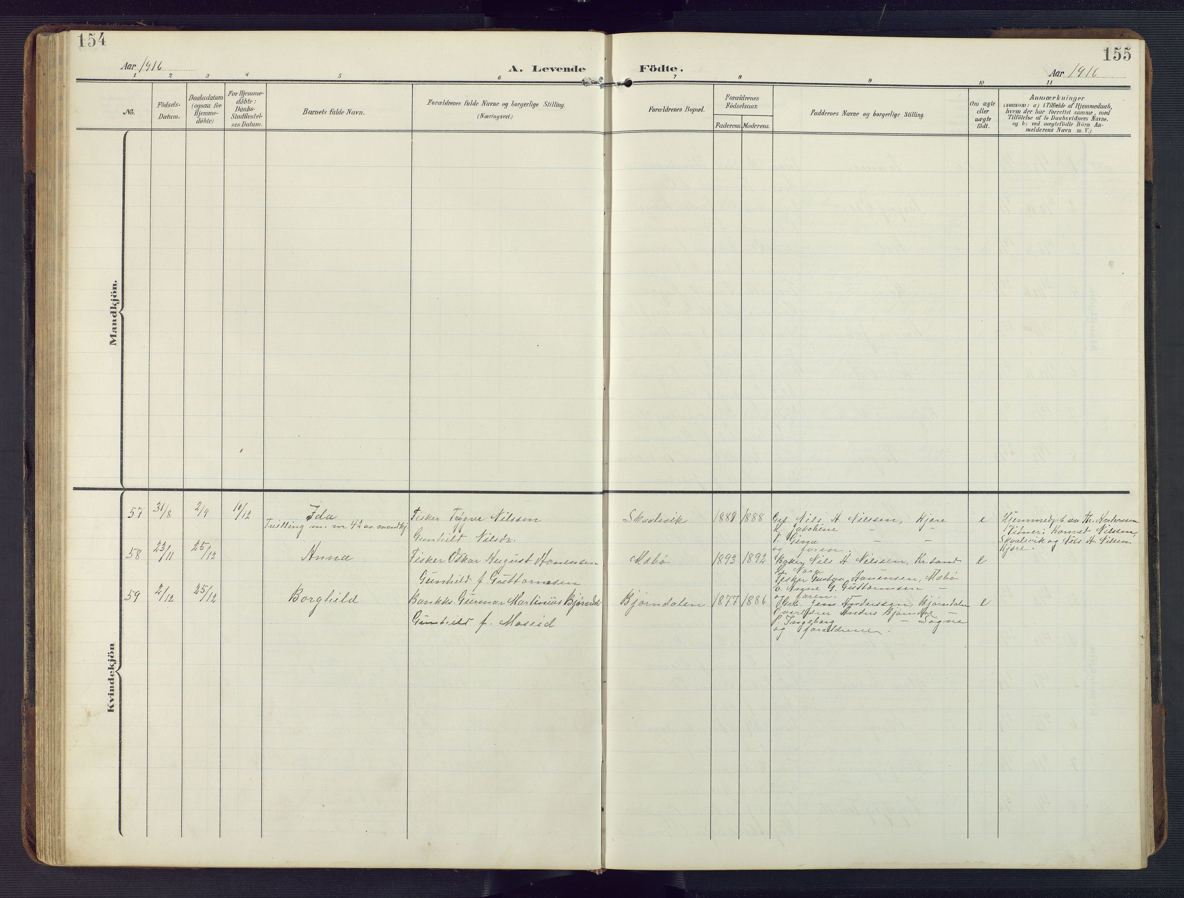 Oddernes sokneprestkontor, SAK/1111-0033/F/Fb/Fba/L0010: Parish register (copy) no. B 10, 1907-1941, p. 154-155