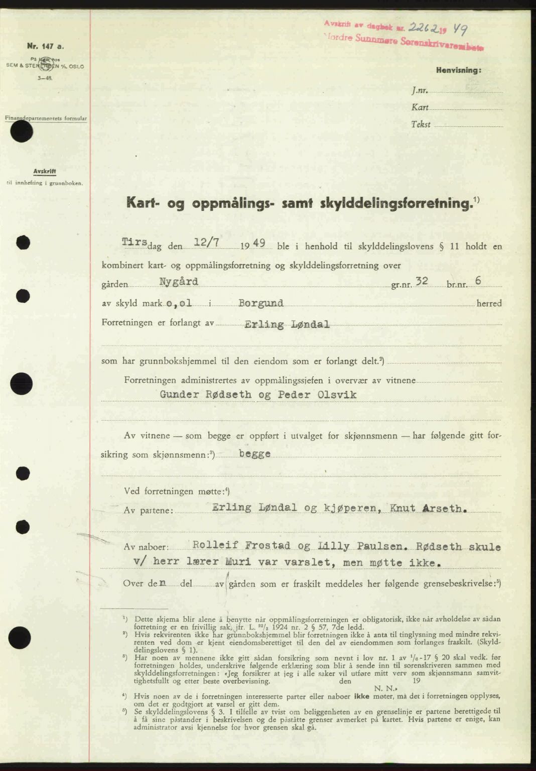 Nordre Sunnmøre sorenskriveri, AV/SAT-A-0006/1/2/2C/2Ca: Mortgage book no. A32, 1949-1949, Diary no: : 2262/1949