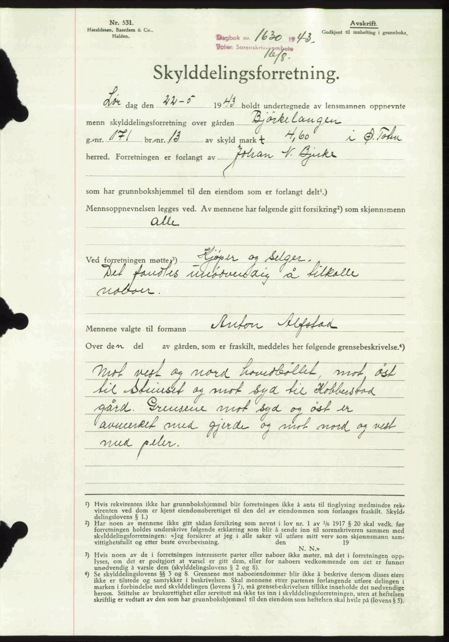 Toten tingrett, AV/SAH-TING-006/H/Hb/Hbc/L0011: Mortgage book no. Hbc-11, 1943-1944, Diary no: : 1630/1943