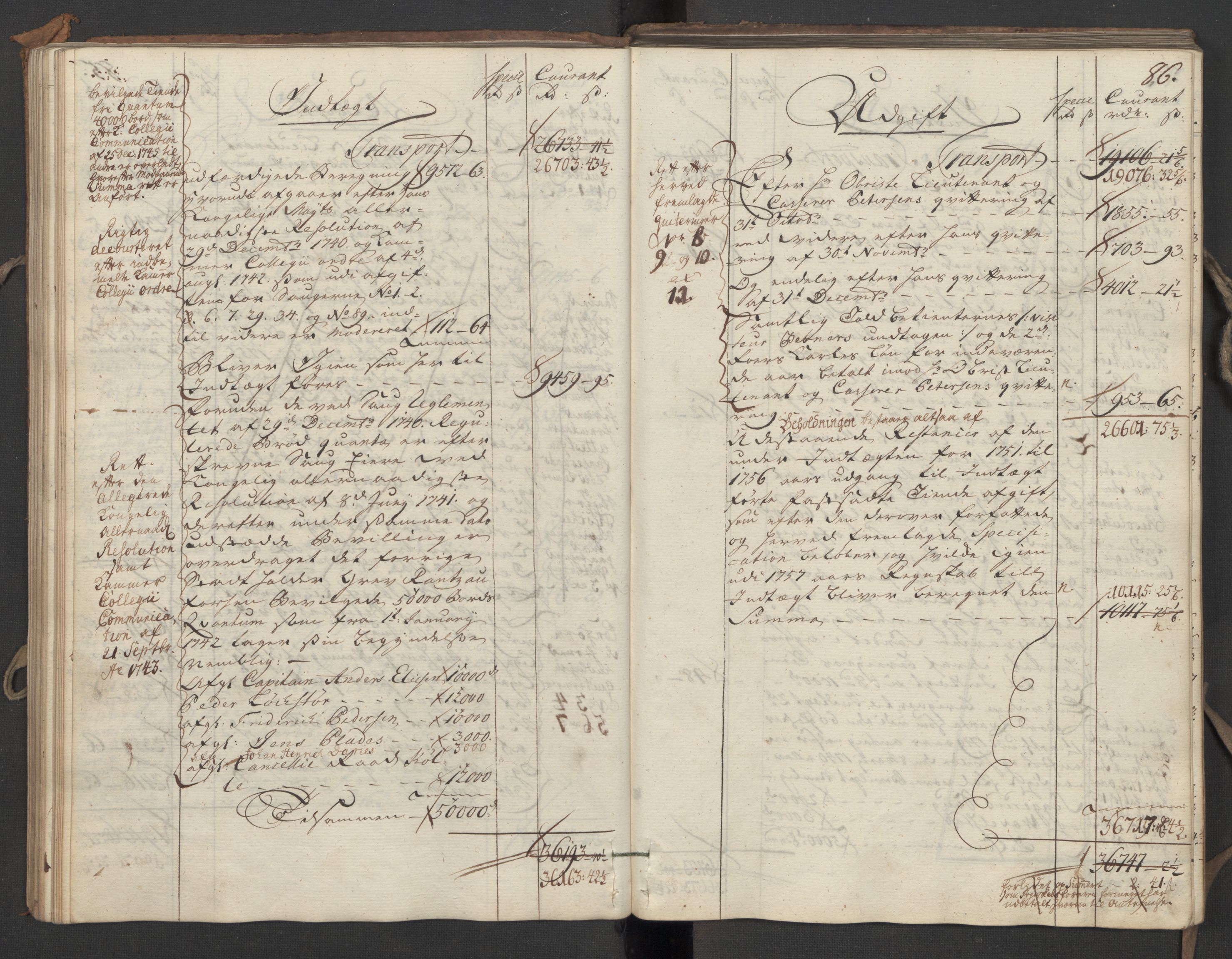 Generaltollkammeret, tollregnskaper, AV/RA-EA-5490/R06/L0039/0001: Tollregnskaper Kristiania / Utgående hovedtollbok, 1756, p. 85b-86a