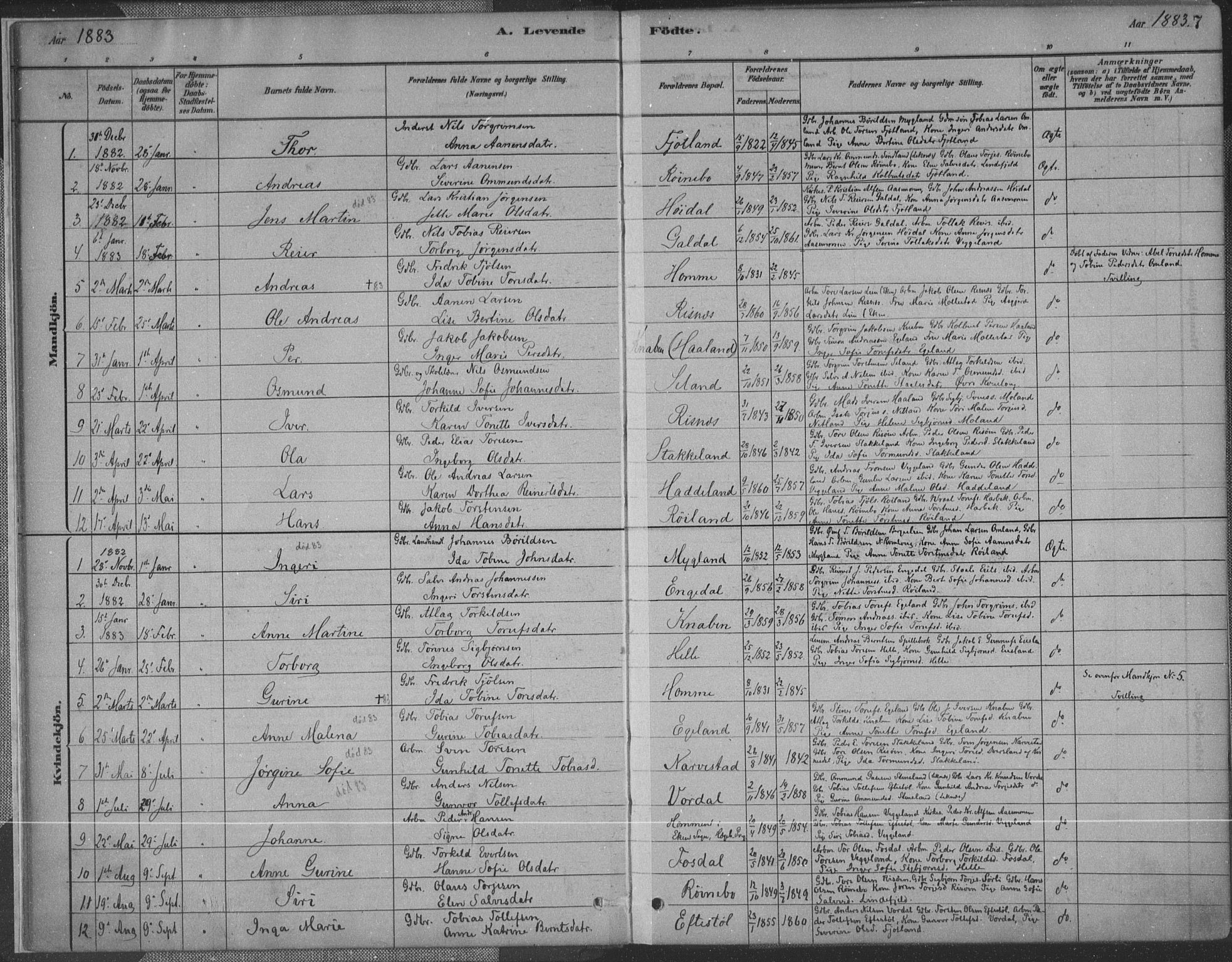 Fjotland sokneprestkontor, AV/SAK-1111-0010/F/Fa/L0002: Parish register (official) no. A 2, 1880-1898, p. 7