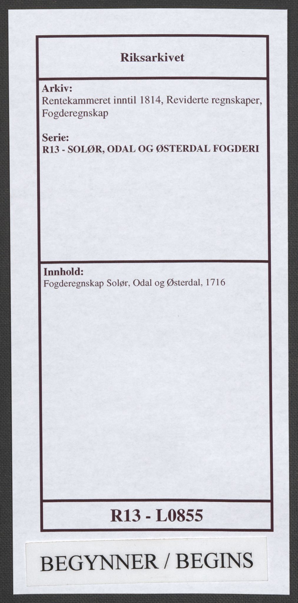 Rentekammeret inntil 1814, Reviderte regnskaper, Fogderegnskap, AV/RA-EA-4092/R13/L0855: Fogderegnskap Solør, Odal og Østerdal, 1716, p. 1