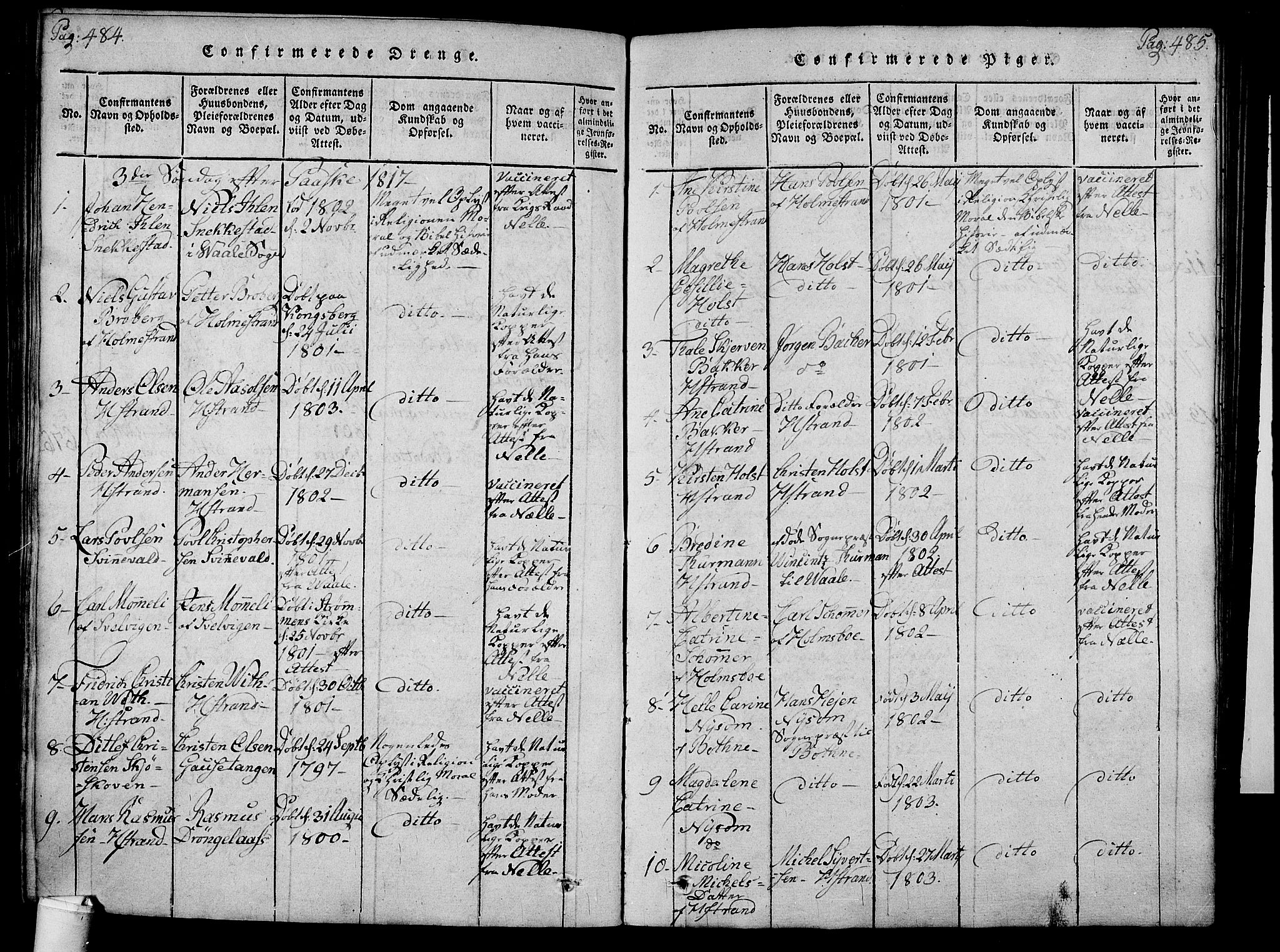 Holmestrand kirkebøker, SAKO/A-346/F/Fa/L0001: Parish register (official) no. 1, 1814-1840, p. 484-485