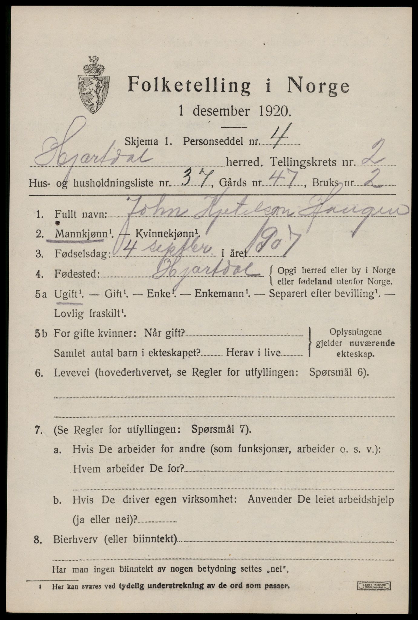 SAKO, 1920 census for Hjartdal, 1920, p. 2214