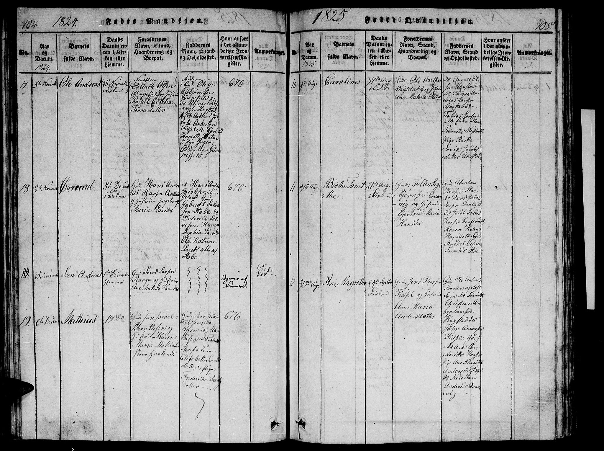 Flekkefjord sokneprestkontor, AV/SAK-1111-0012/F/Fb/Fbb/L0001: Parish register (copy) no. B 1, 1815-1830, p. 104-105